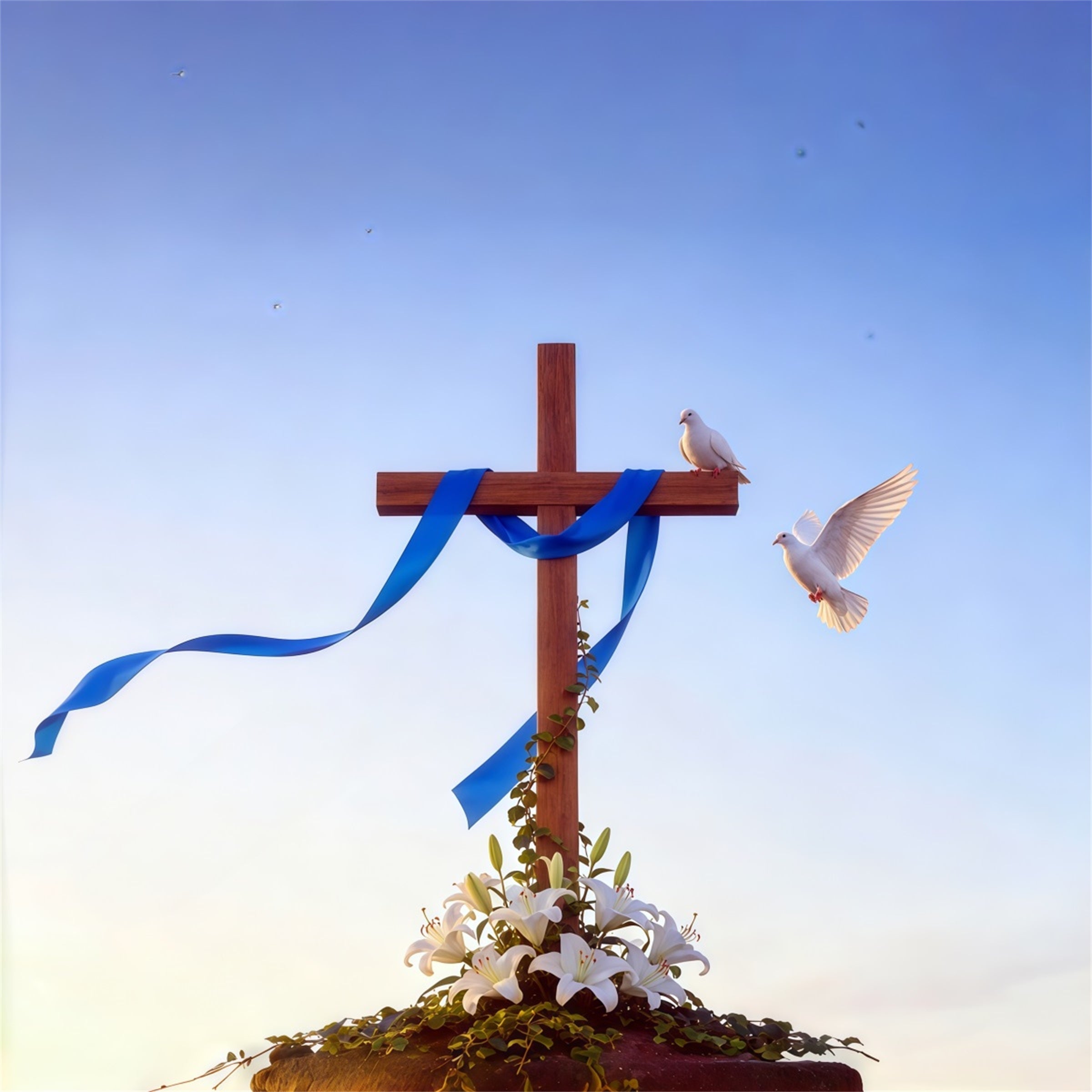 Osterkreuz-Hintergrund Lilien Tauben Blaues Band Einfacher Oster-Fotohintergrund CSH62-82