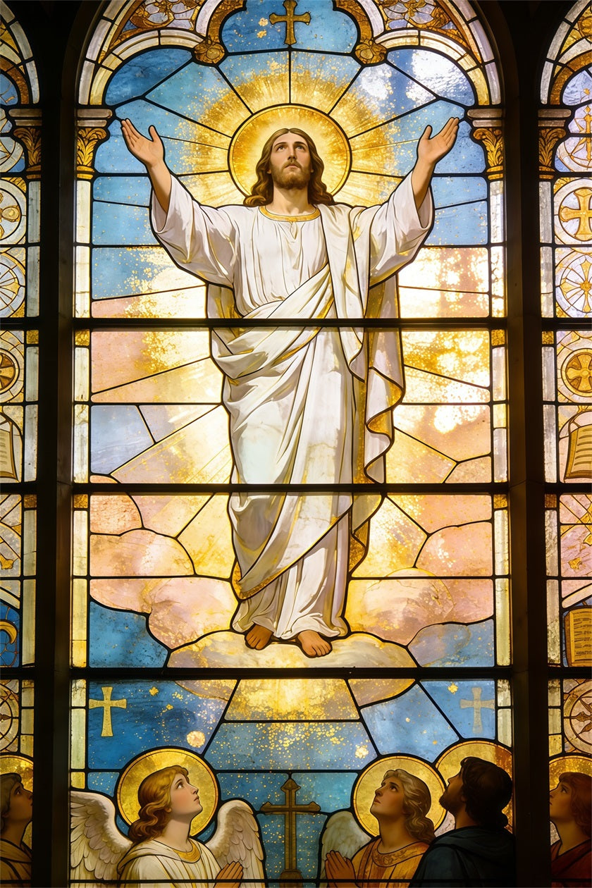 Oster-Buntglas-Hintergrund Jesus Himmelfahrt Kirchenfenster Günstige Osterhintergründe CSH62-83