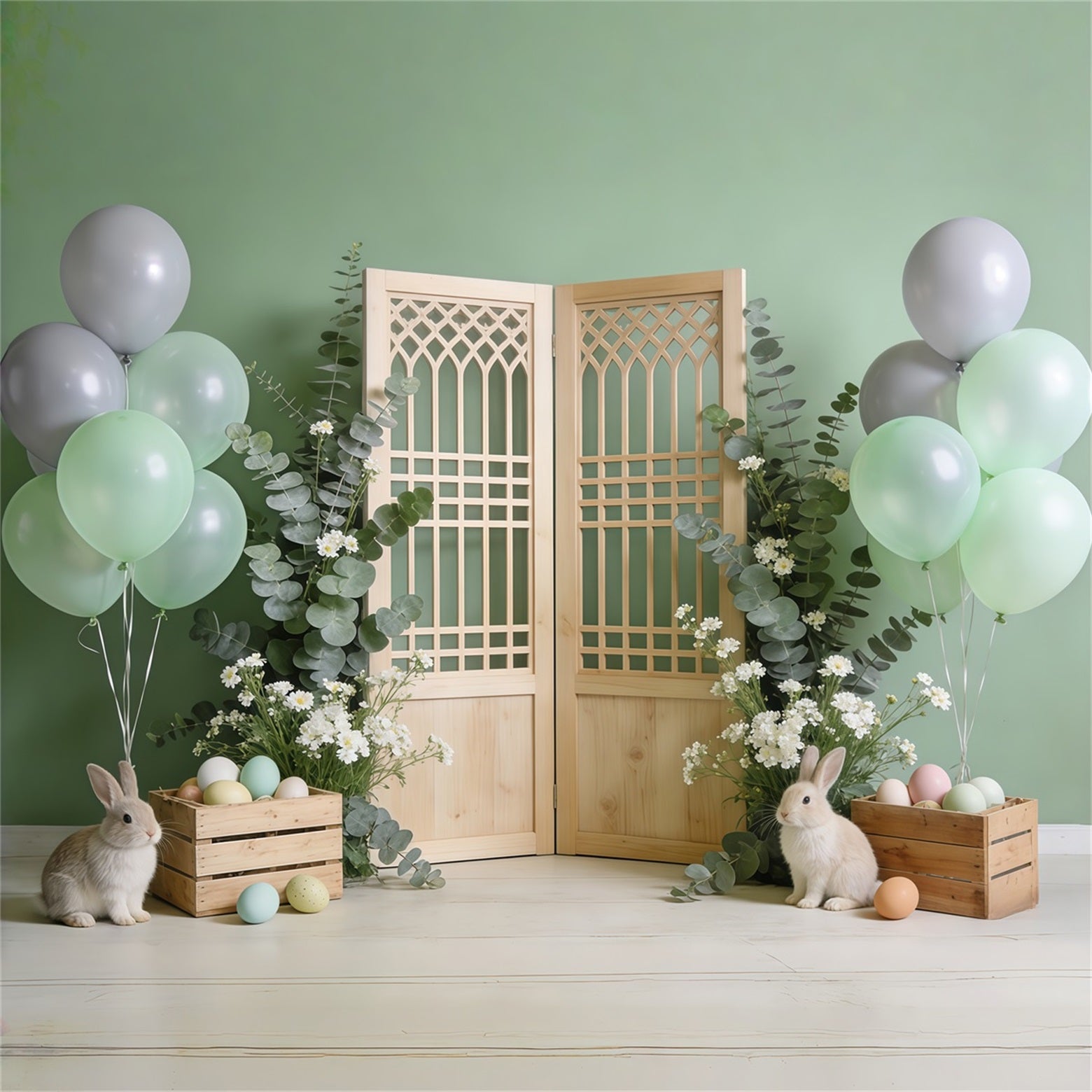 Ostergras-Hintergrund Holztür Hase Kisten Hochauflösendes Oster-Hintergrundbild CSH62-86