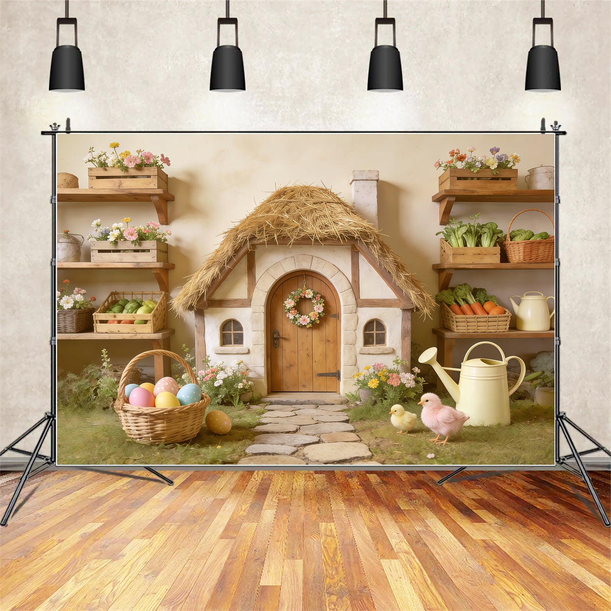 Oster-Marshmallow-Küken-Hintergrund Strohdach-Hütte Eierkorb Oster-Hintergrundbilder Foto CSH62-87