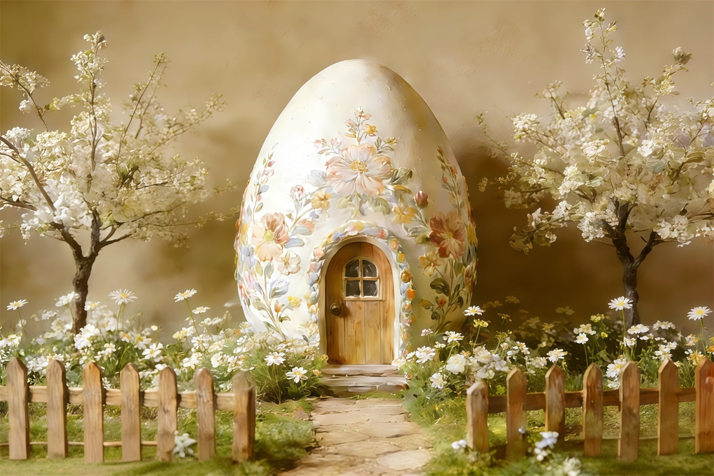 Oster-Hintergrund im Cottage-Garten Stil Blumen-Ei-Haus Blüten Ideen für Oster-Fotografie-Hintergründe CSH62-89