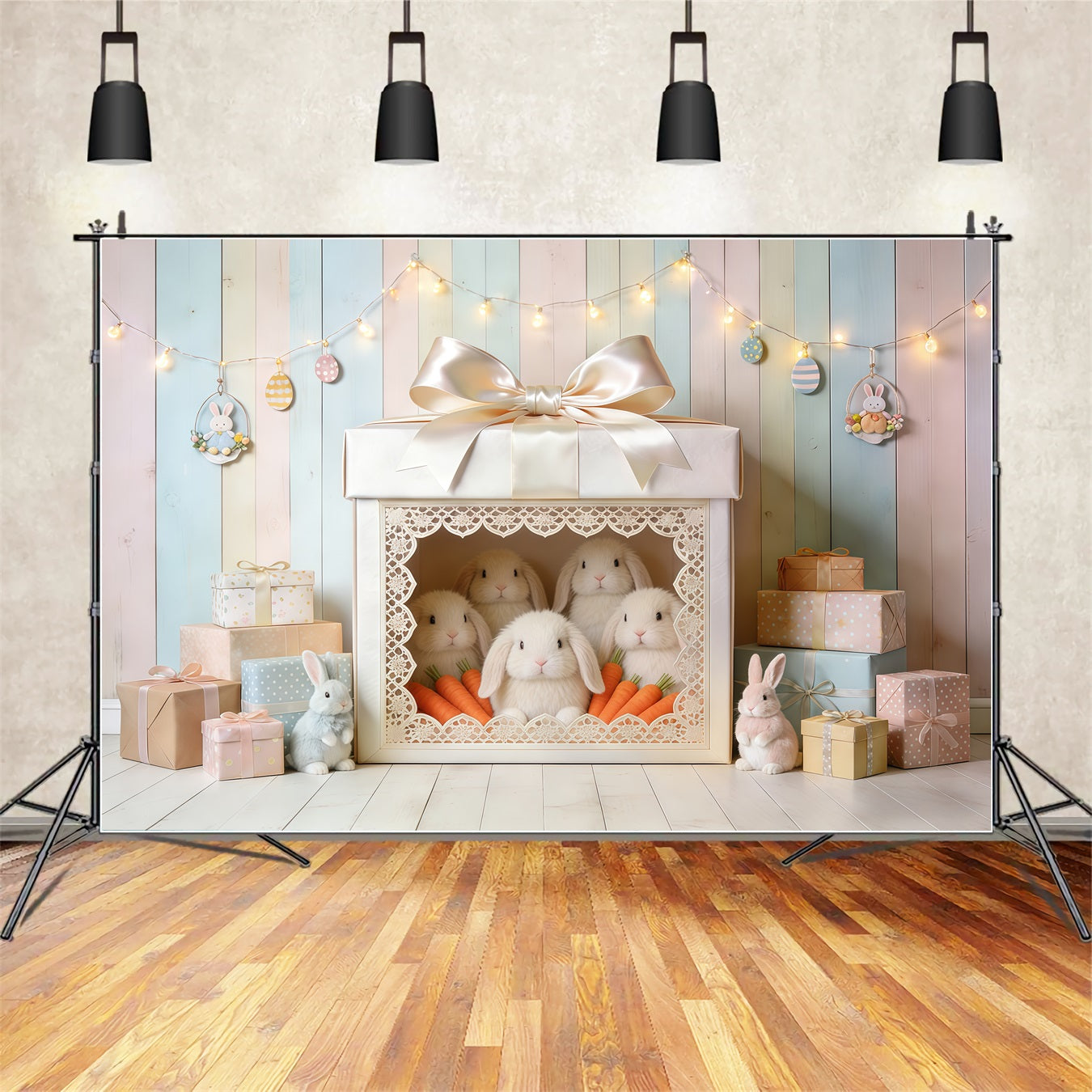 Oster-Hintergrund im niedlichen Stil Geschenkbox Hase Karotten Oster-Hintergrund Fotoshooting CSH62-90