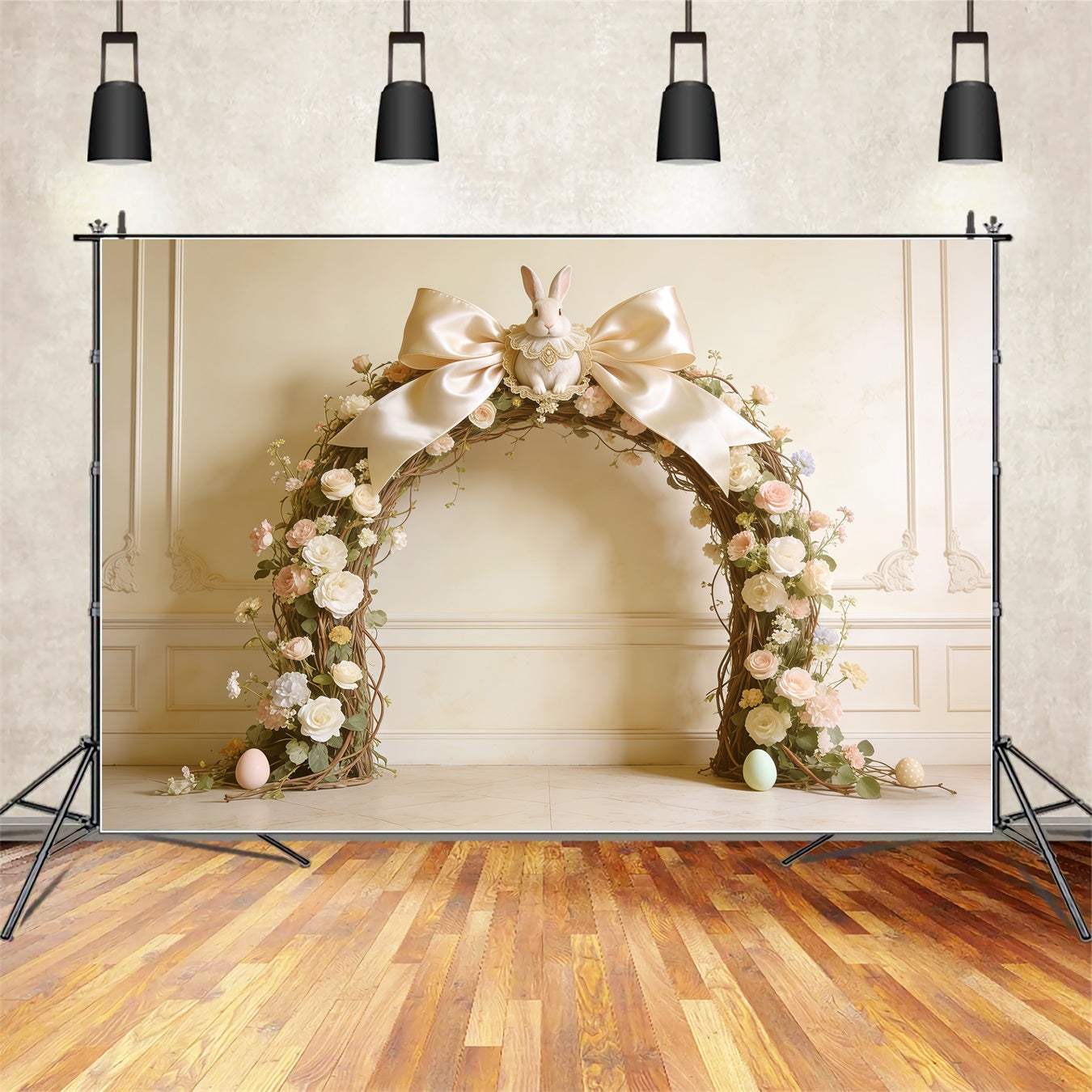 Oster-Vintage-Blumenhintergrund Schleife Hase Rosenbogen Fotografie Oster-Foto-Hintergrund CSH62-92