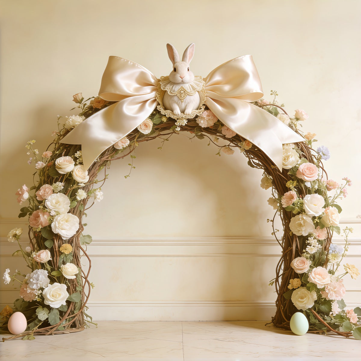Oster-Vintage-Blumenhintergrund Schleife Hase Rosenbogen Fotografie Oster-Foto-Hintergrund CSH62-92