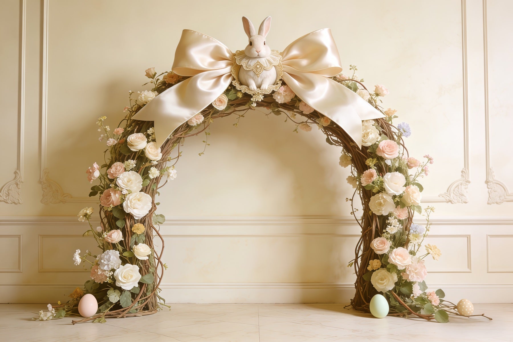 Oster-Vintage-Blumenhintergrund Schleife Hase Rosenbogen Fotografie Oster-Foto-Hintergrund CSH62-92