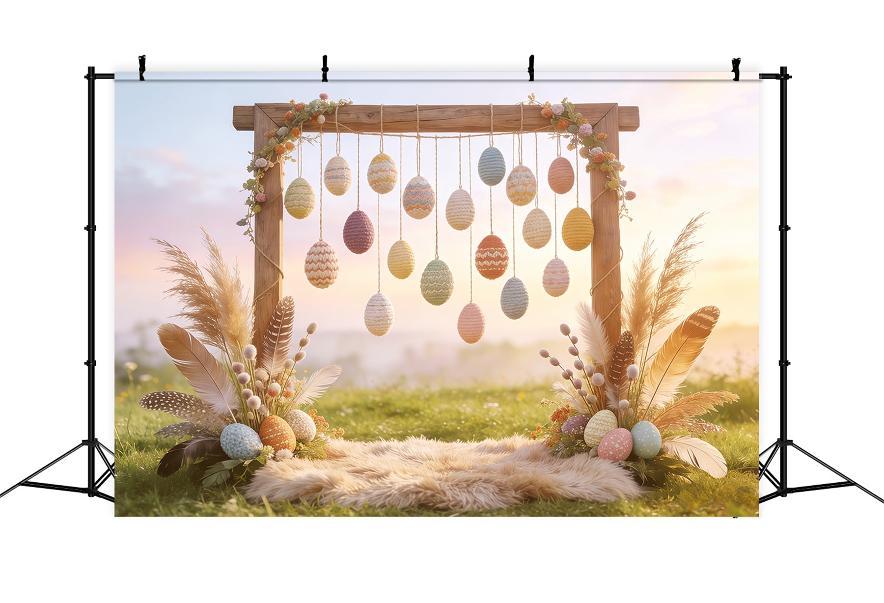 Oster-Boho-Hintergrund Häkel-Ei Feder Heu-Hintergründe für Osterbilder CSH62-93