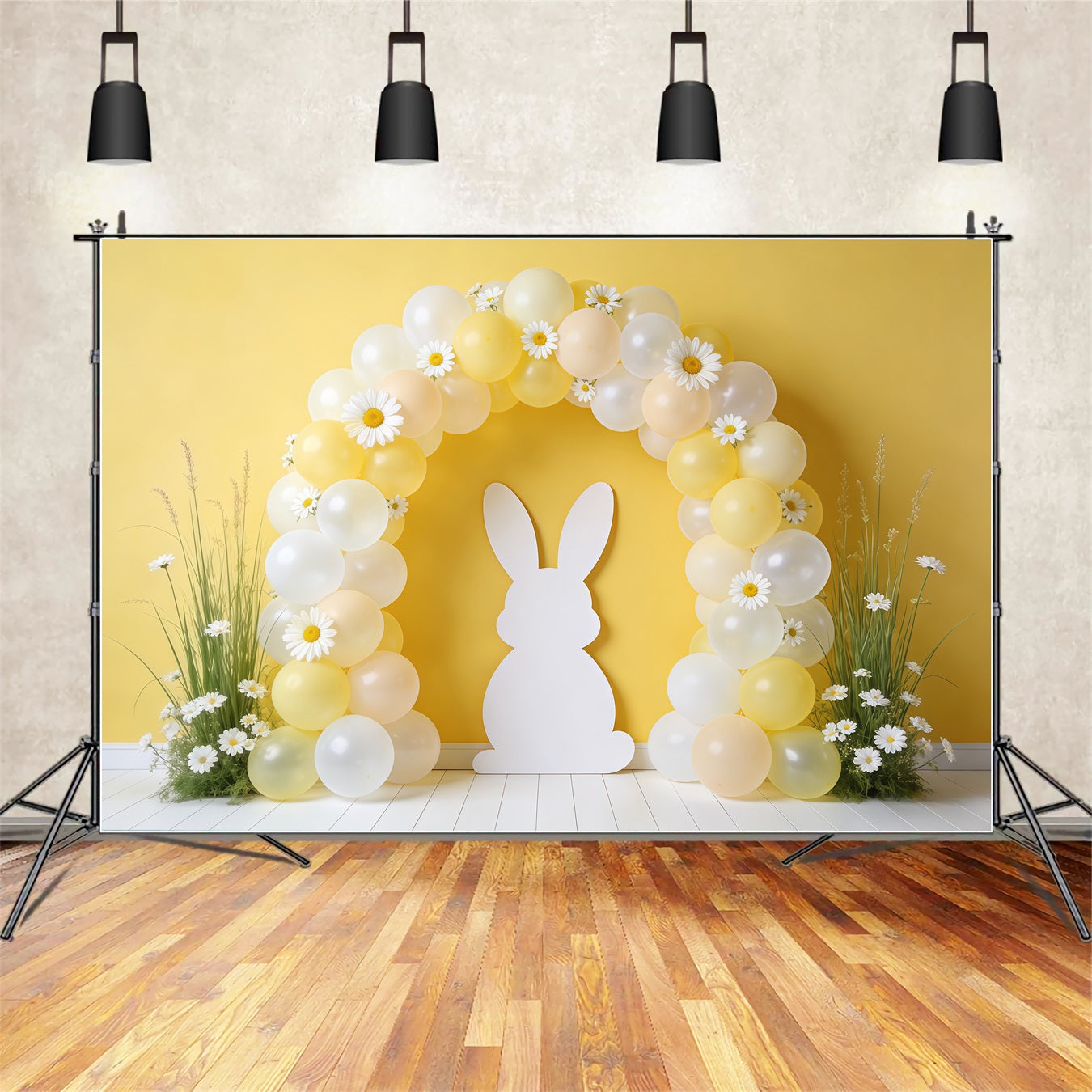 Oster-Frühlingshintergrund Ballonbogen Gänseblümchen-Silhouette-Hintergrund für Osterbilder CSH62-94