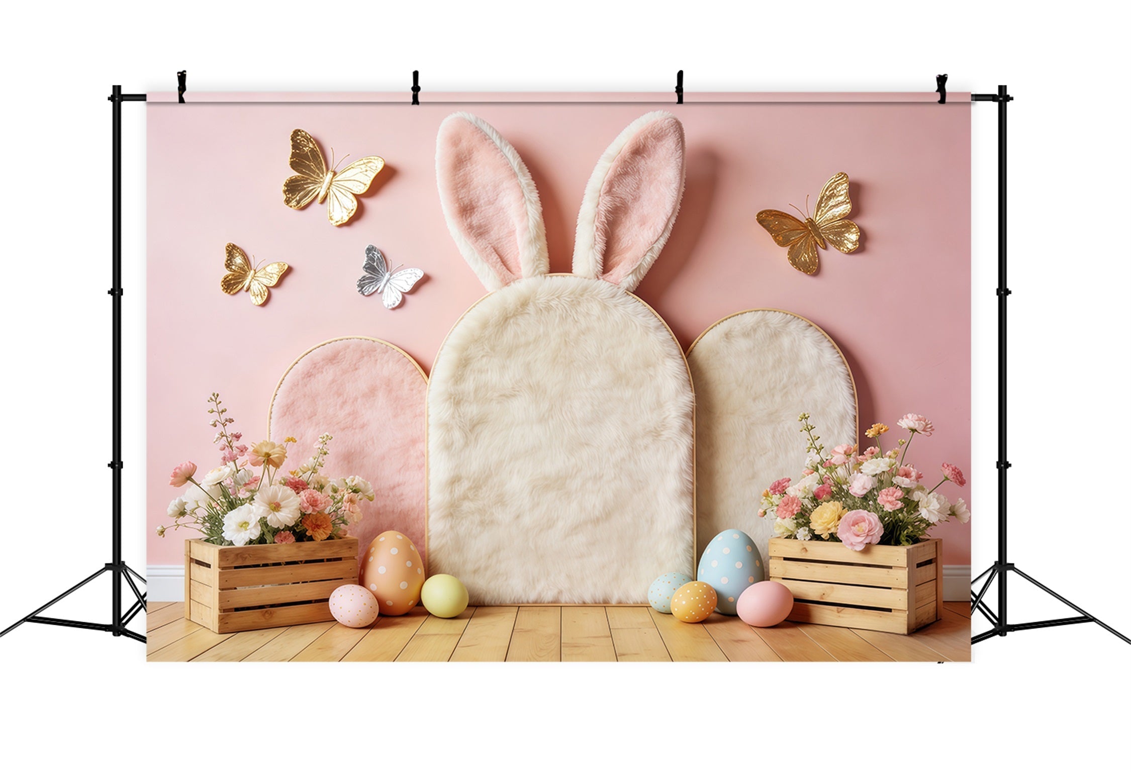Oster-Schmetterlingshintergrund Pastellfarbene Hasenohren Blumenkisten Osterhintergrund CSH63-1
