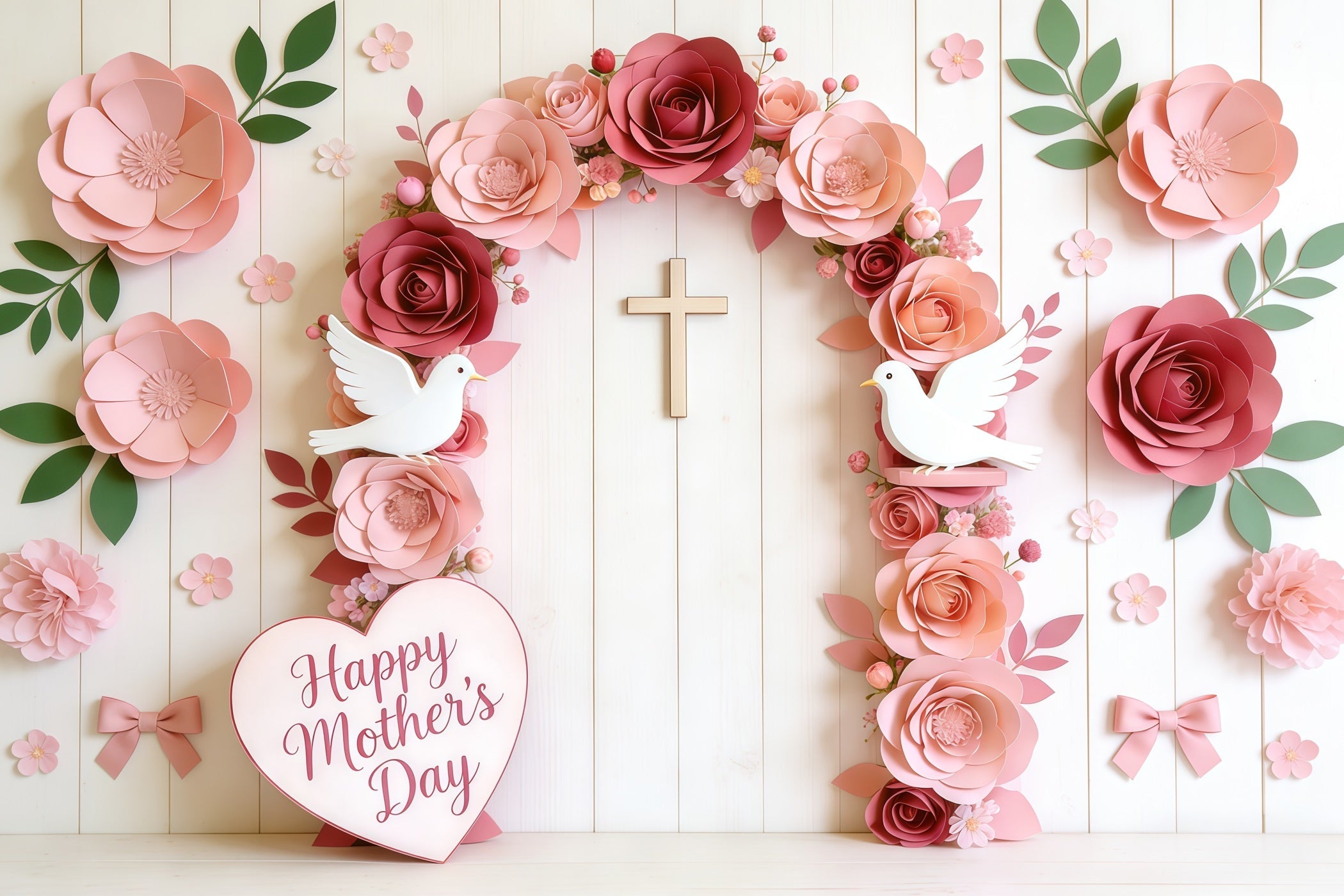 Kirchenhintergrund zum Muttertag, Papierrose, Taube, Kreuzbogen, Fotohintergrund zum Muttertag CSH63-102