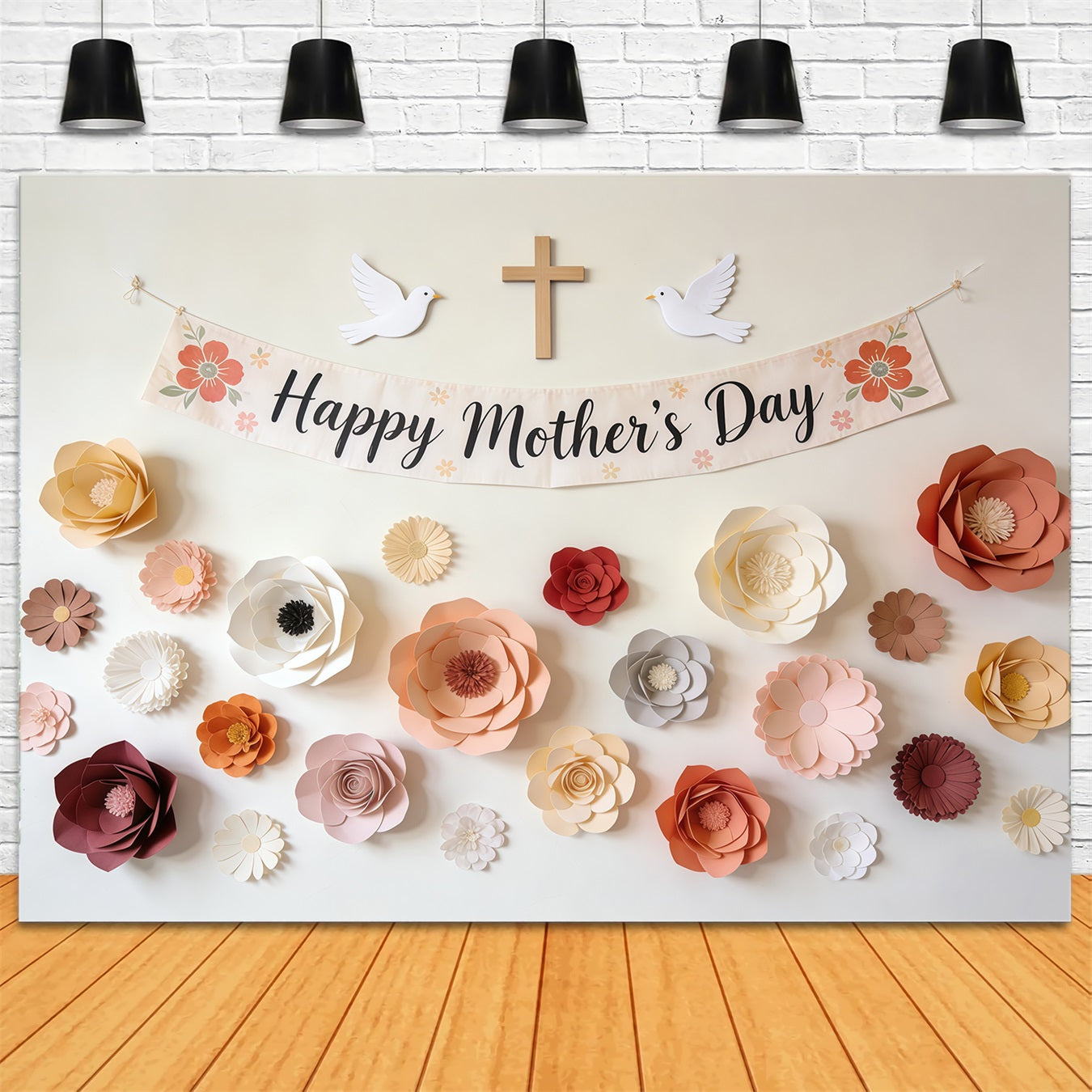 Kirchenhintergrund zum Muttertag, Papierblumenbanner, Taubenkreuz, Fotohintergrund zum Muttertag CSH63-103