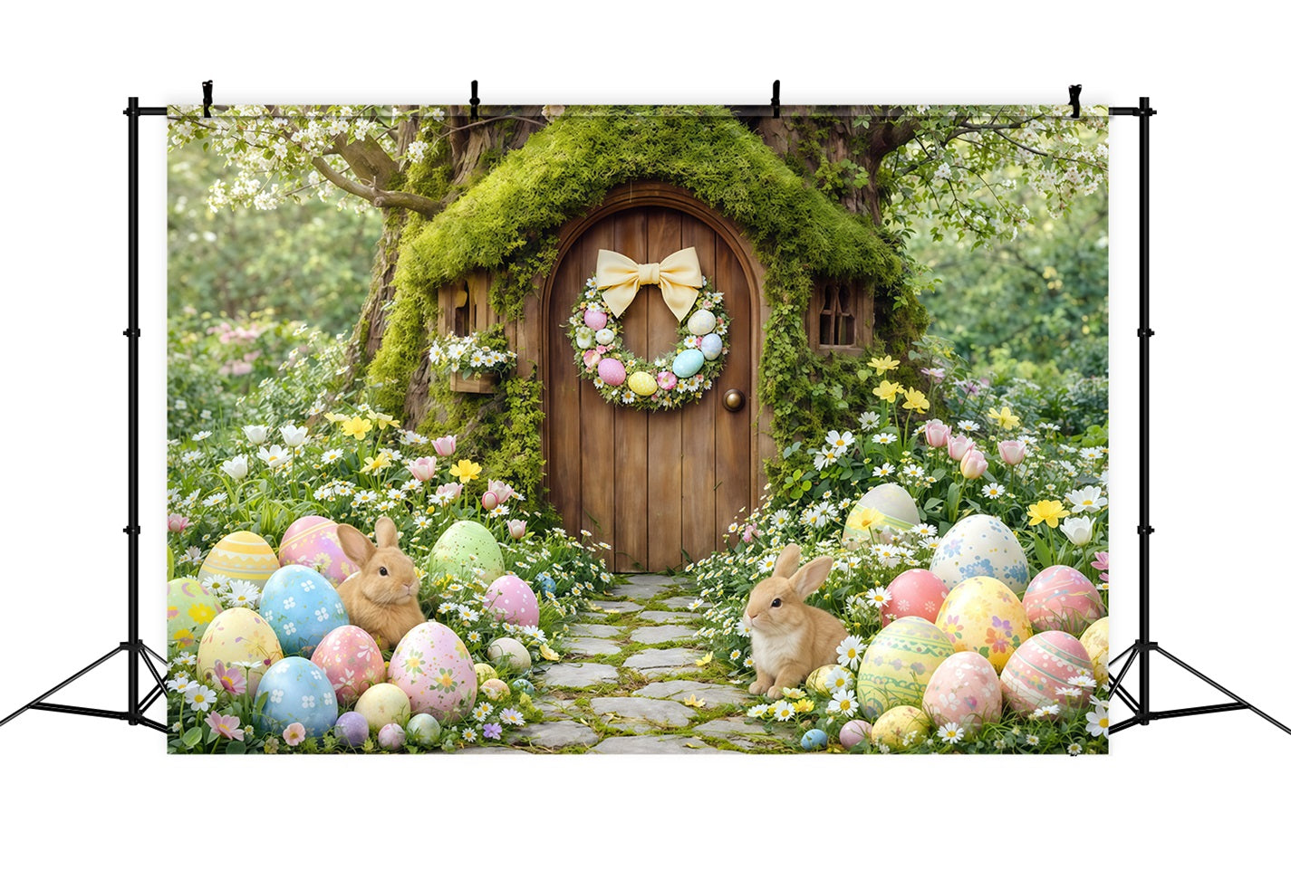 Oster-Waldweg-Hintergrund Wald Hase Cottage Bemalte Eier Frohe Ostern-Hintergrund CSH63-12