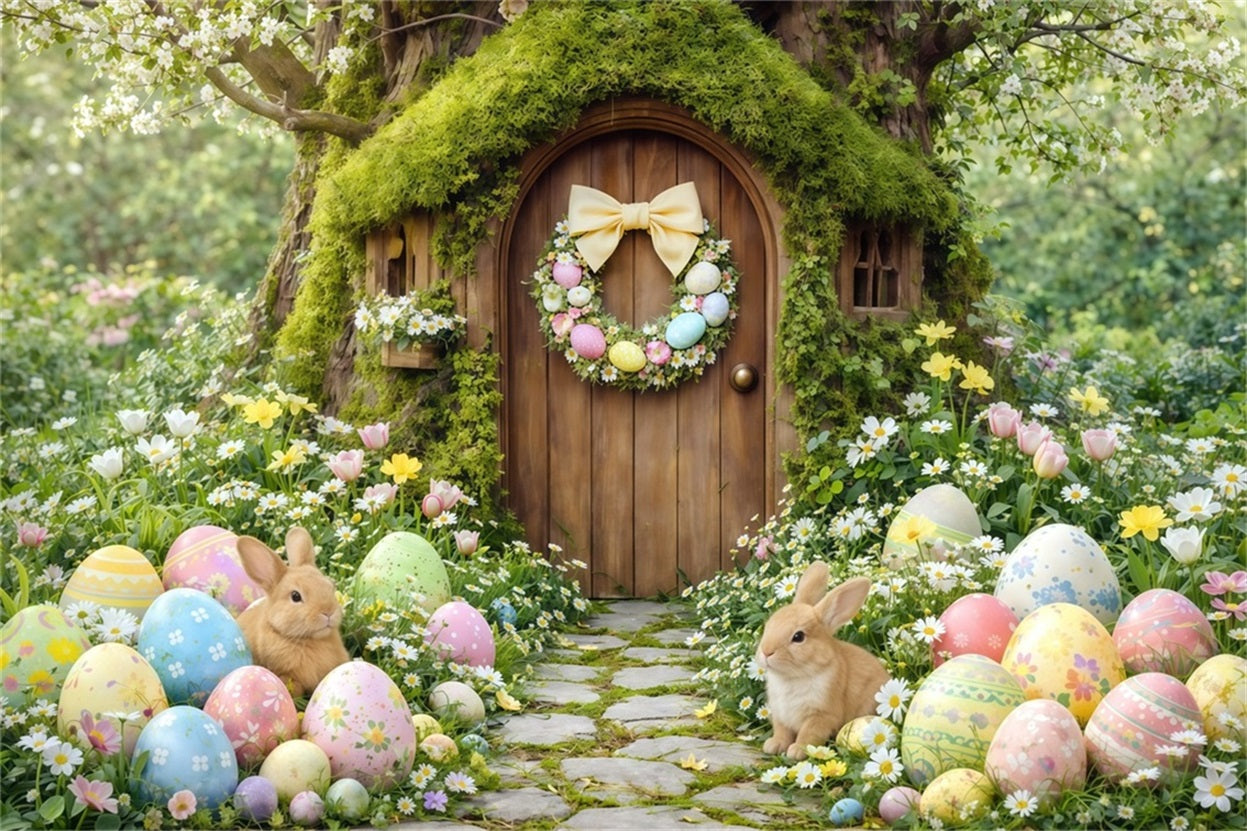 Oster-Waldweg-Hintergrund Wald Hase Cottage Bemalte Eier Frohe Ostern-Hintergrund CSH63-12