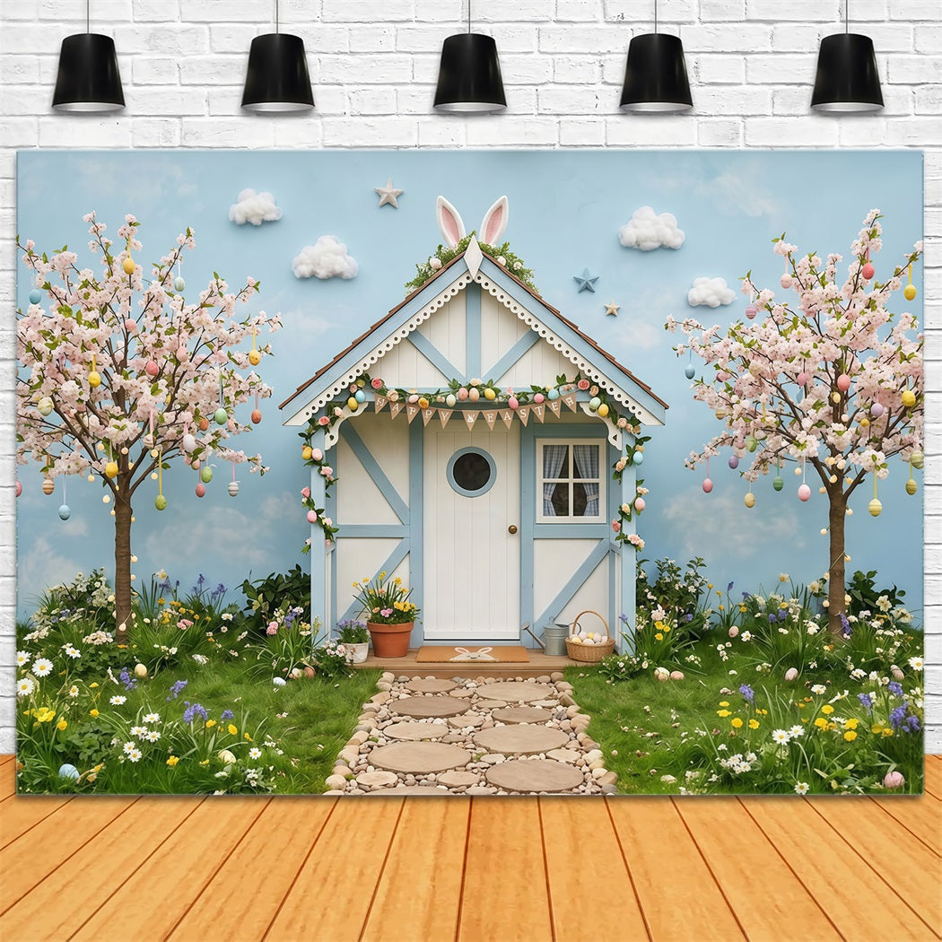 Oster-Kirschblütenhintergrund Frühlingshase Cottage Bäume Oster-Fotohintergrund CSH63-2