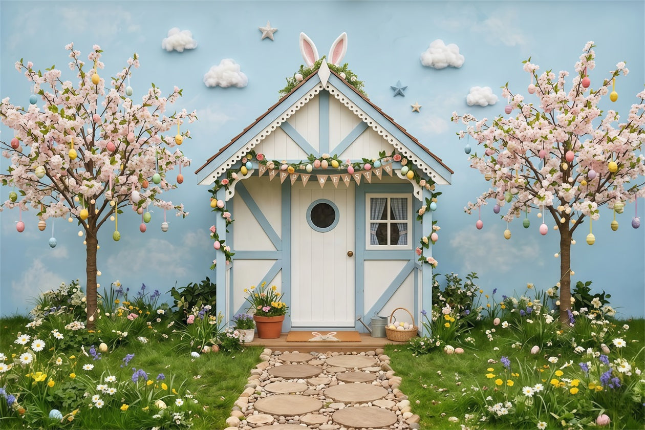 Oster-Kirschblütenhintergrund Frühlingshase Cottage Bäume Oster-Fotohintergrund CSH63-2