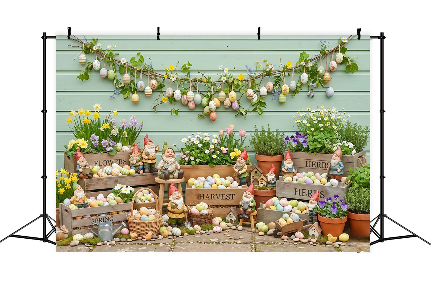 Oster-Frühlings-Hintergrund Gartenzwerge Bemalte Eier Kisten Hintergründe für Osterbilder CSH63-25