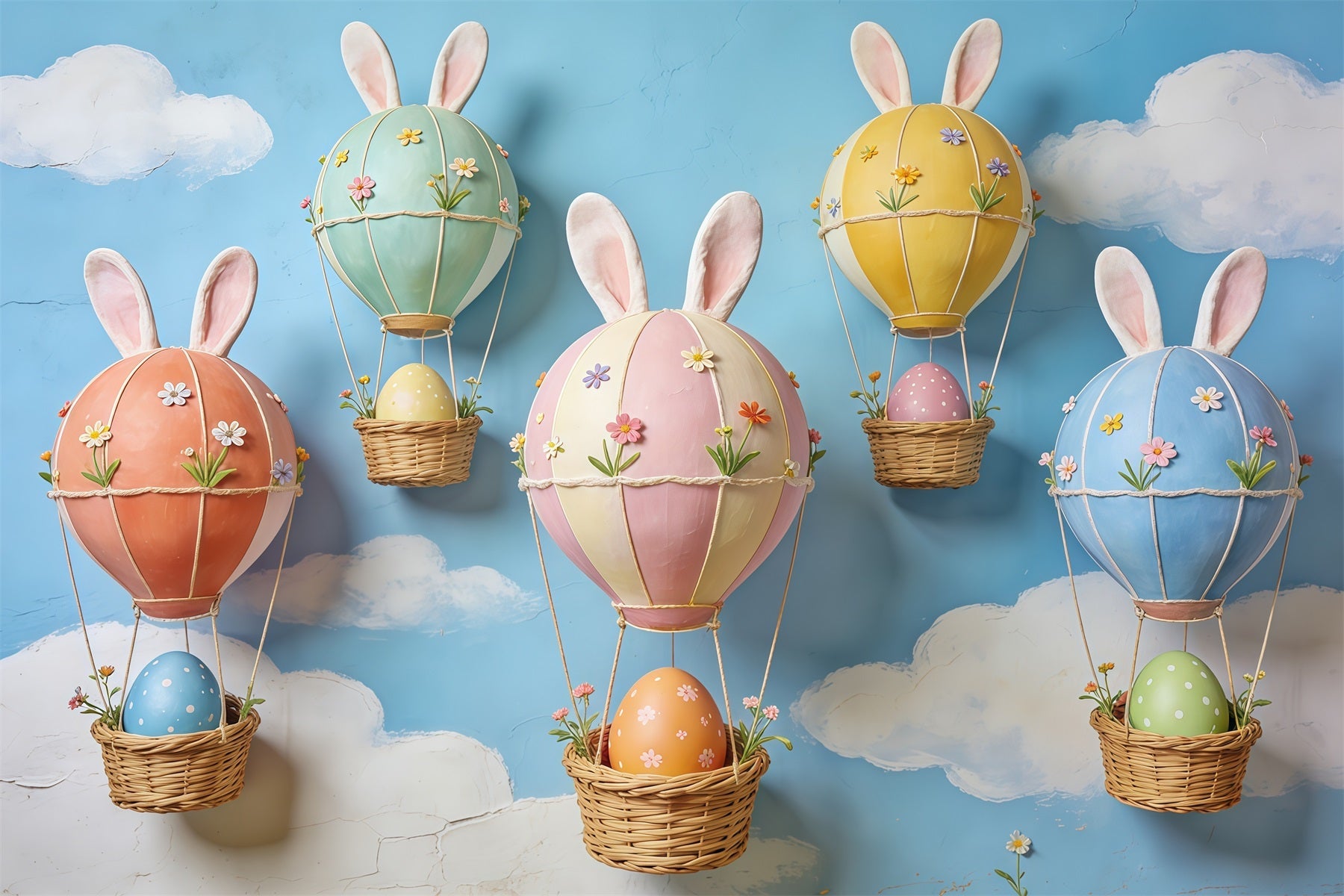 Oster-Blauer-Himmel-Hintergrund Hasenohren Heißluft-Eier-Ballons Hintergrund für Osterbilder CSH63-26