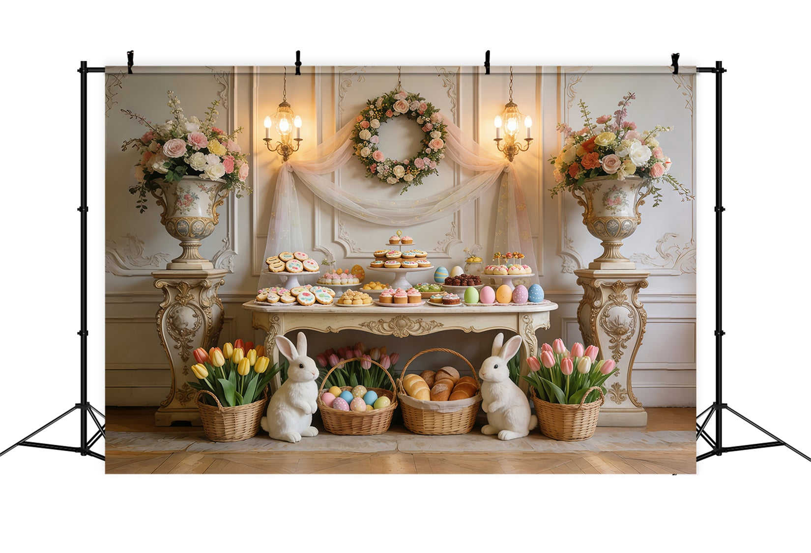 Oster-Desserttisch-Hintergrund Elegante Tulpenblumen Hasenkörbe Oster-Hintergrund für draußen CSH63-27