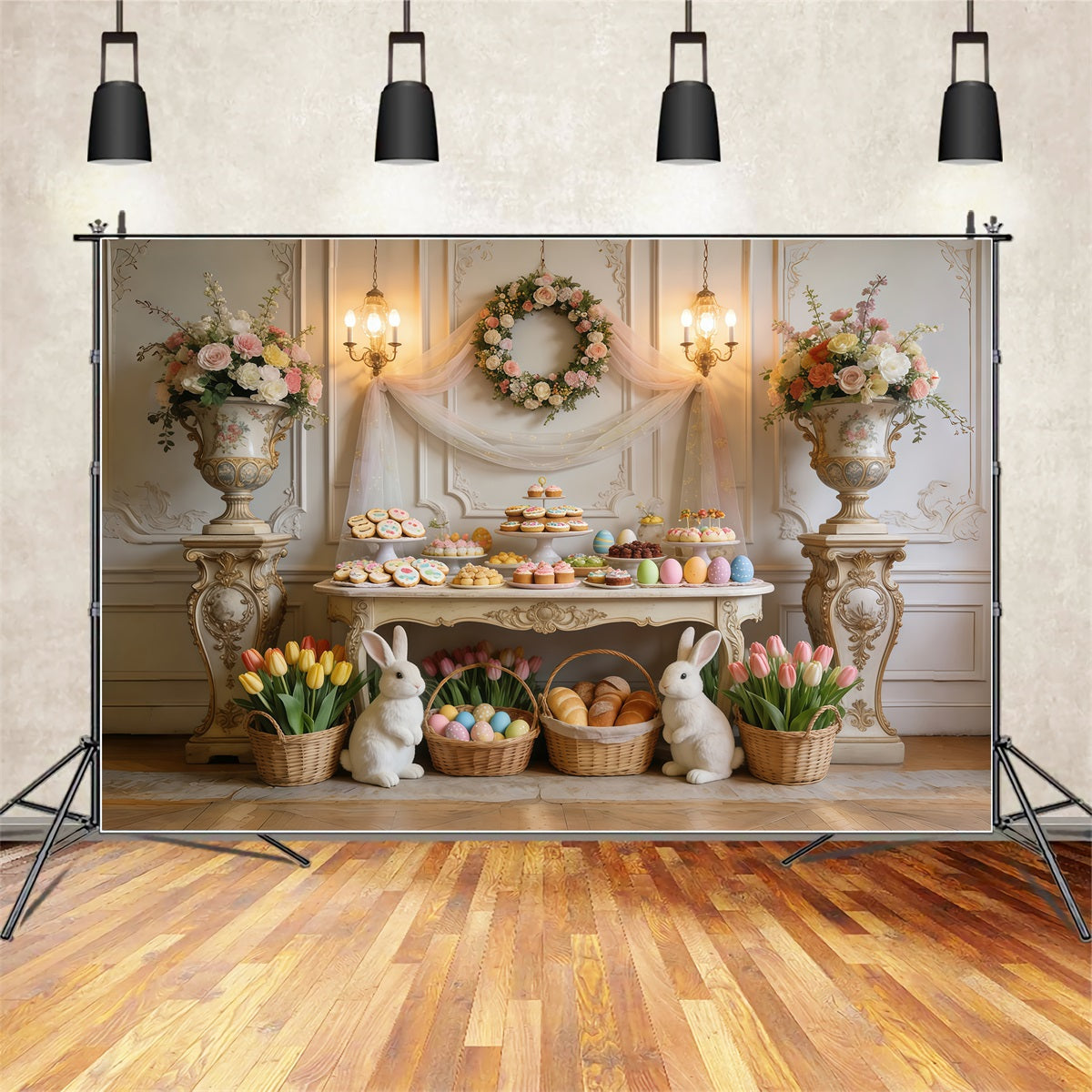 Oster-Desserttisch-Hintergrund Elegante Tulpenblumen Hasenkörbe Oster-Hintergrund für draußen CSH63-27