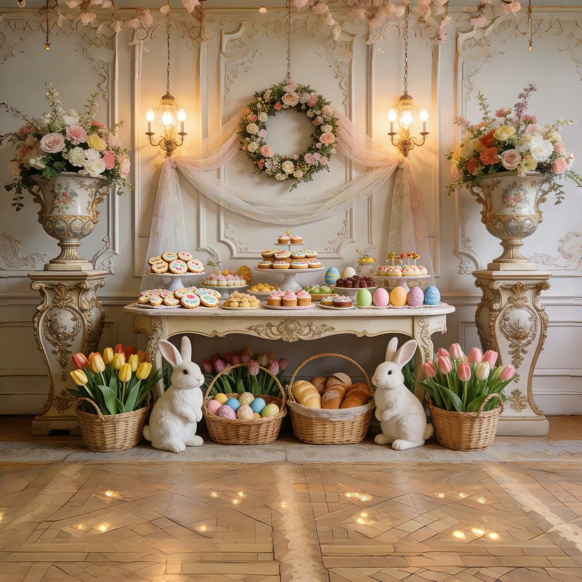 Oster-Desserttisch-Hintergrund Elegante Tulpenblumen Hasenkörbe Oster-Hintergrund für draußen CSH63-27