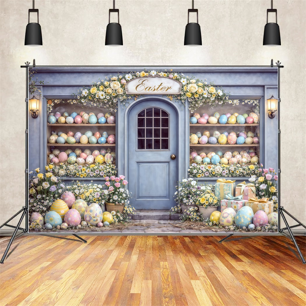 Oster-Eier-Hintergrund Blaue Tür Oster-Eier-Shop-Auslage Frohe Ostern Foto-Hintergrund CSH63-33