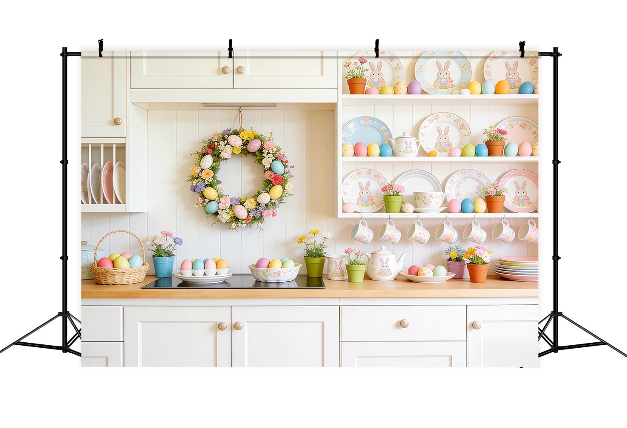 Oster-Dessert-Tisch-Hintergrund Küchengeschirr Pastell-Eier Foto-Hintergründe für Ostern CSH63-35