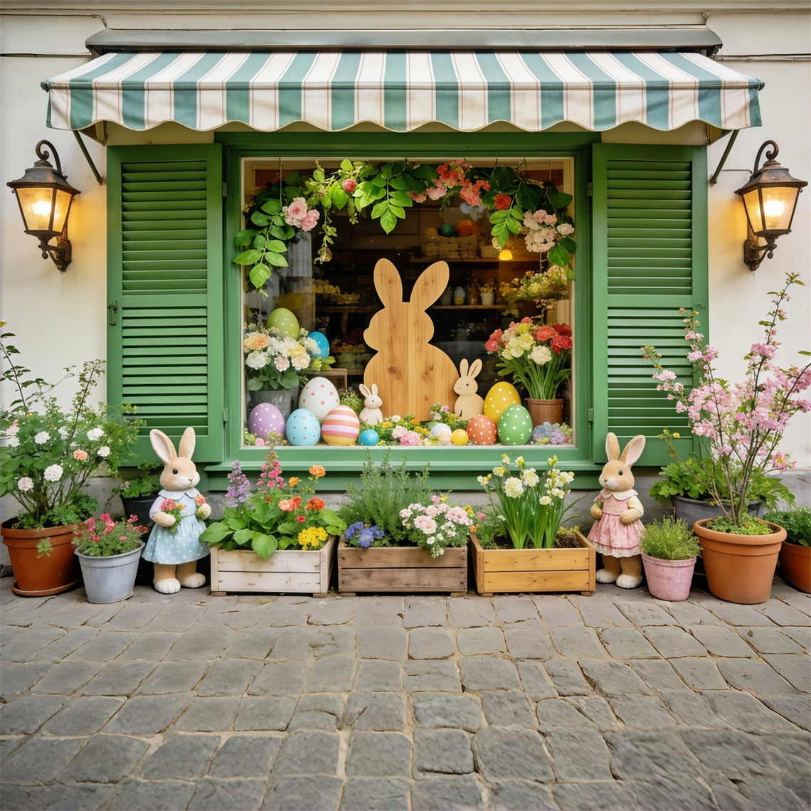 Oster-Hintergrund im europäischen Garten Grünes Fenster Hase Eier Blumen Osterparty-Hintergrund CSH63-38