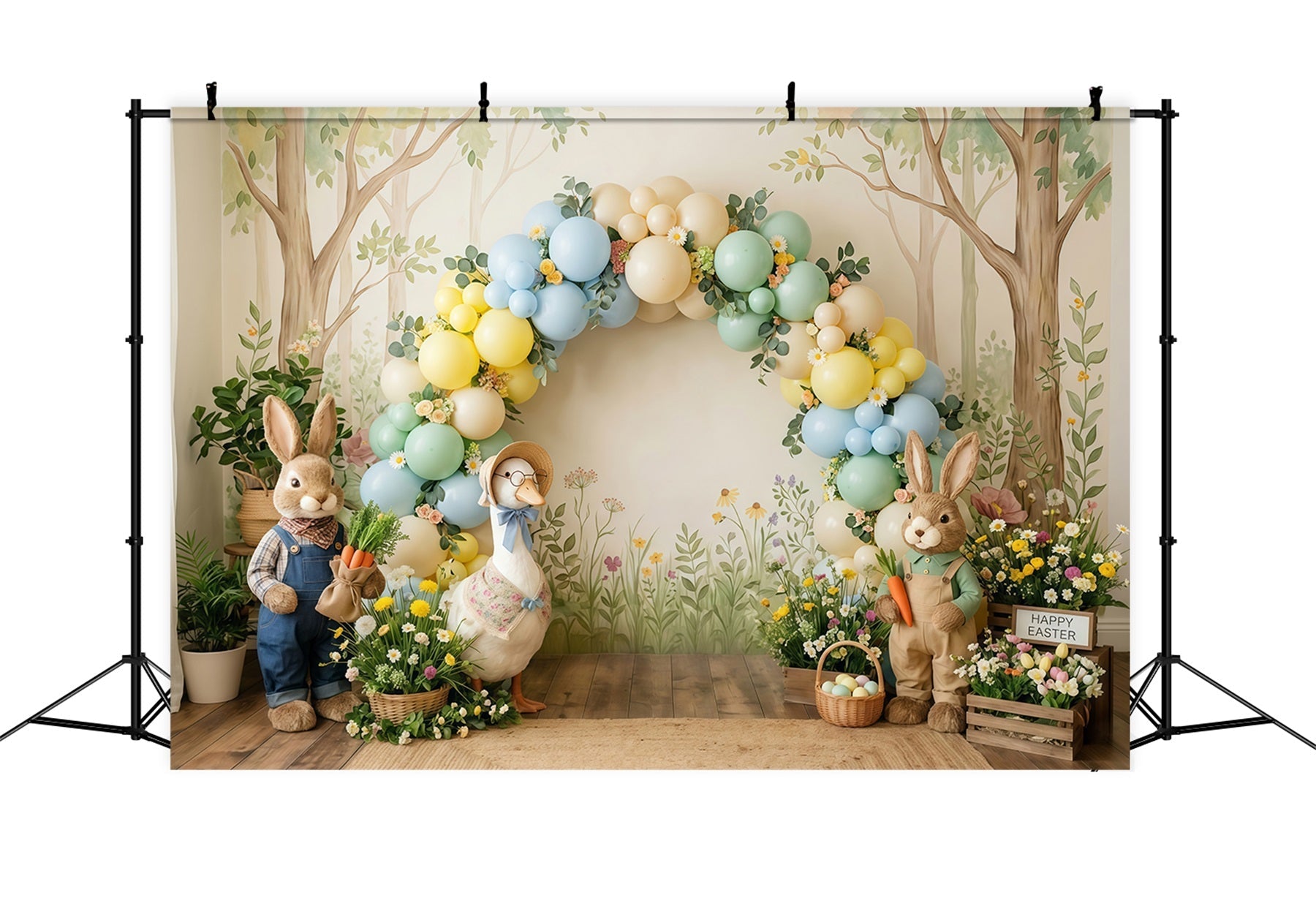 Osterhintergrund mit pastellfarbenen Luftballons, Hasen, Enteneiern und Korb Osterhintergrund-Ideen CSH63-4