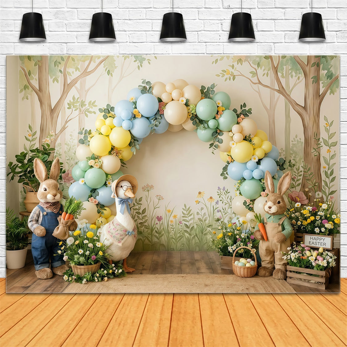 Osterhintergrund mit pastellfarbenen Luftballons, Hasen, Enteneiern und Korb Osterhintergrund-Ideen CSH63-4