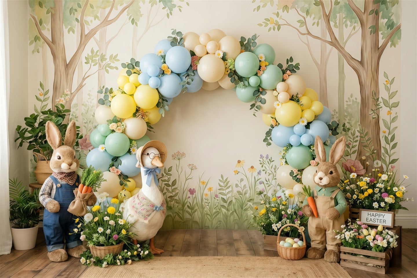 Osterhintergrund mit pastellfarbenen Luftballons, Hasen, Enteneiern und Korb Osterhintergrund-Ideen CSH63-4