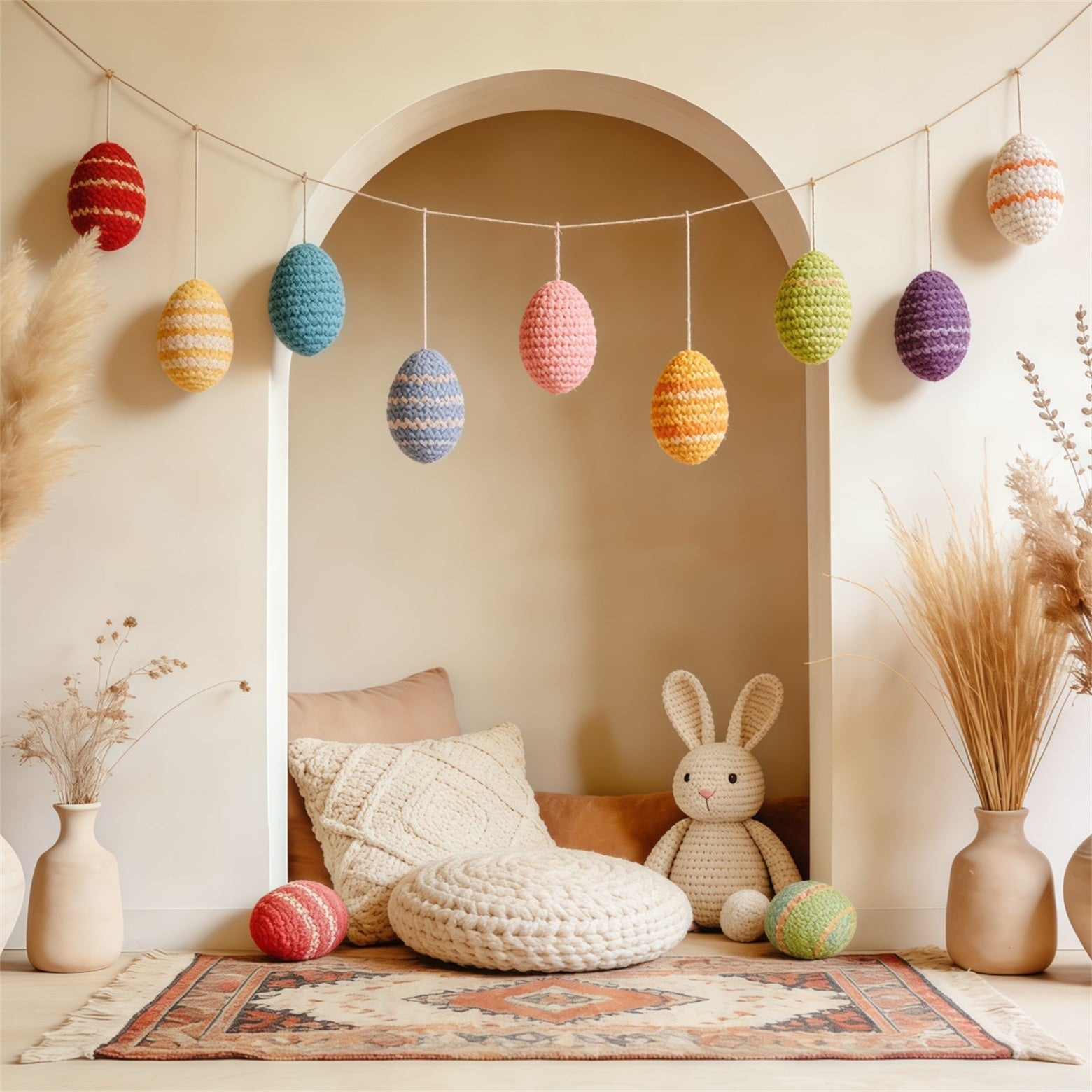 Ostern Boho-Hintergrund Häkel-Eier Hasenecke Fotografie Ostern-Hintergründe CSH63-44