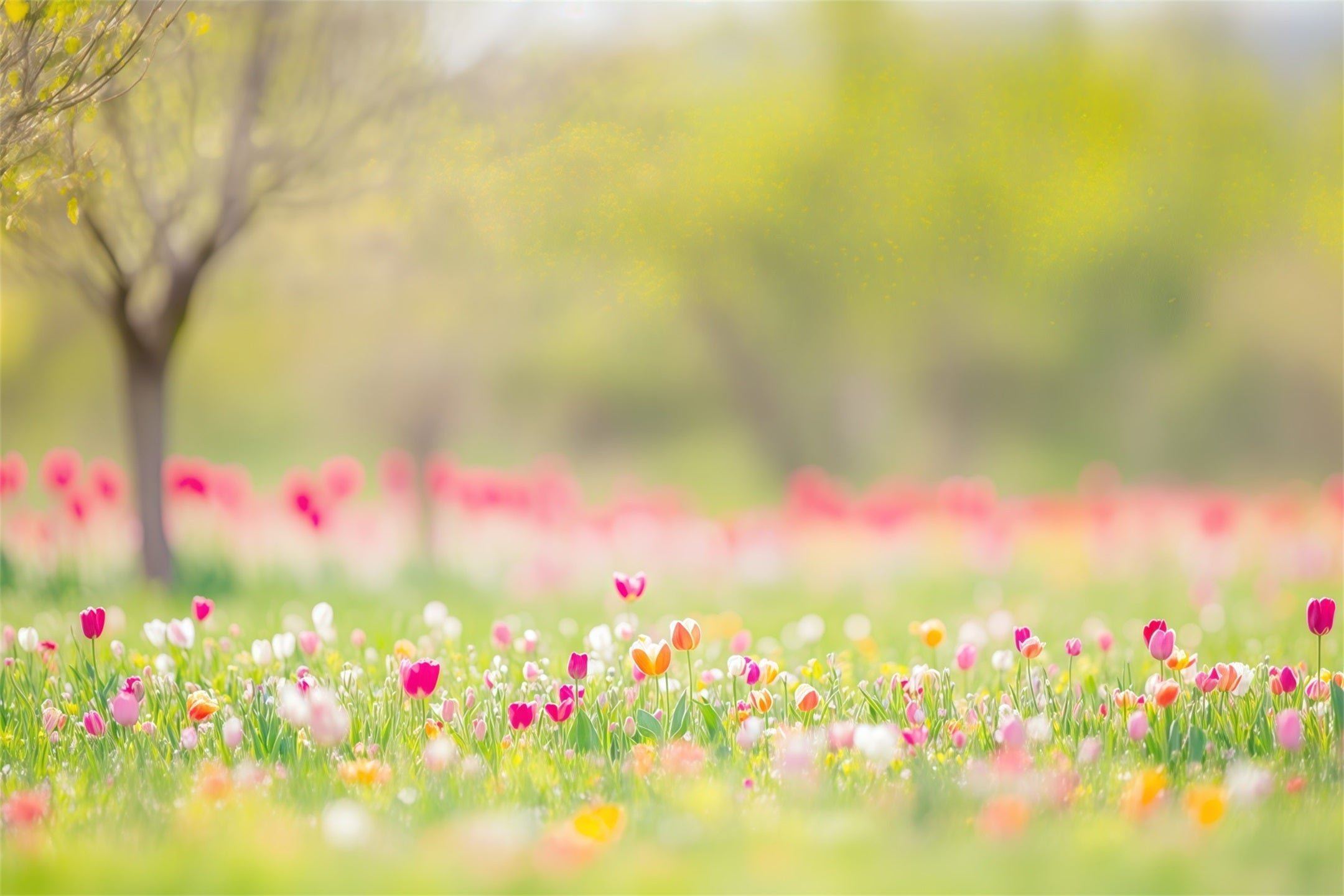 Ostern Natürlicher Hintergrund Frühlingswiese Tulpen Bäume Ostern-Themenhintergründe CSH63-45