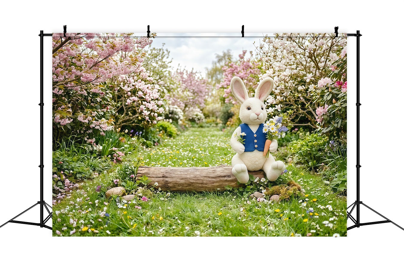 Osterhase Hintergrund Kirschblütenwiese Weg Wildblumen Einfache Osterhintergründe CSH63-48