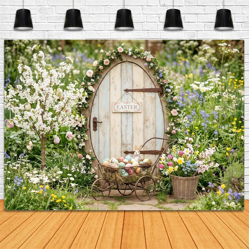 Osterhintergrund mit Cottage-Garten, Wildblumen, Hasen, Tür und Eierkarton Oster-Fotohintergründe CSH63-5