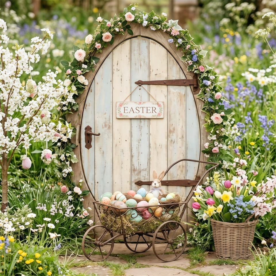 Osterhintergrund mit Cottage-Garten, Wildblumen, Hasen, Tür und Eierkarton Oster-Fotohintergründe CSH63-5