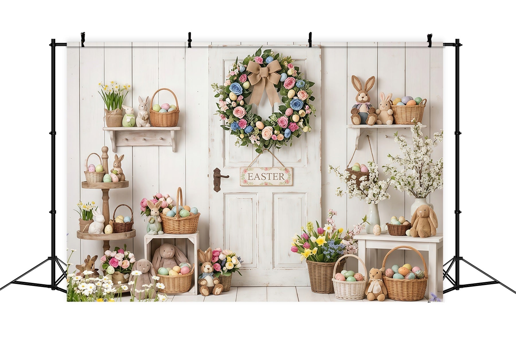 Osterhintergrund im rustikalen Stil mit rustikaler Tür, Kranz und Eierkörben Osterhintergrund für Fotos CSH63-6