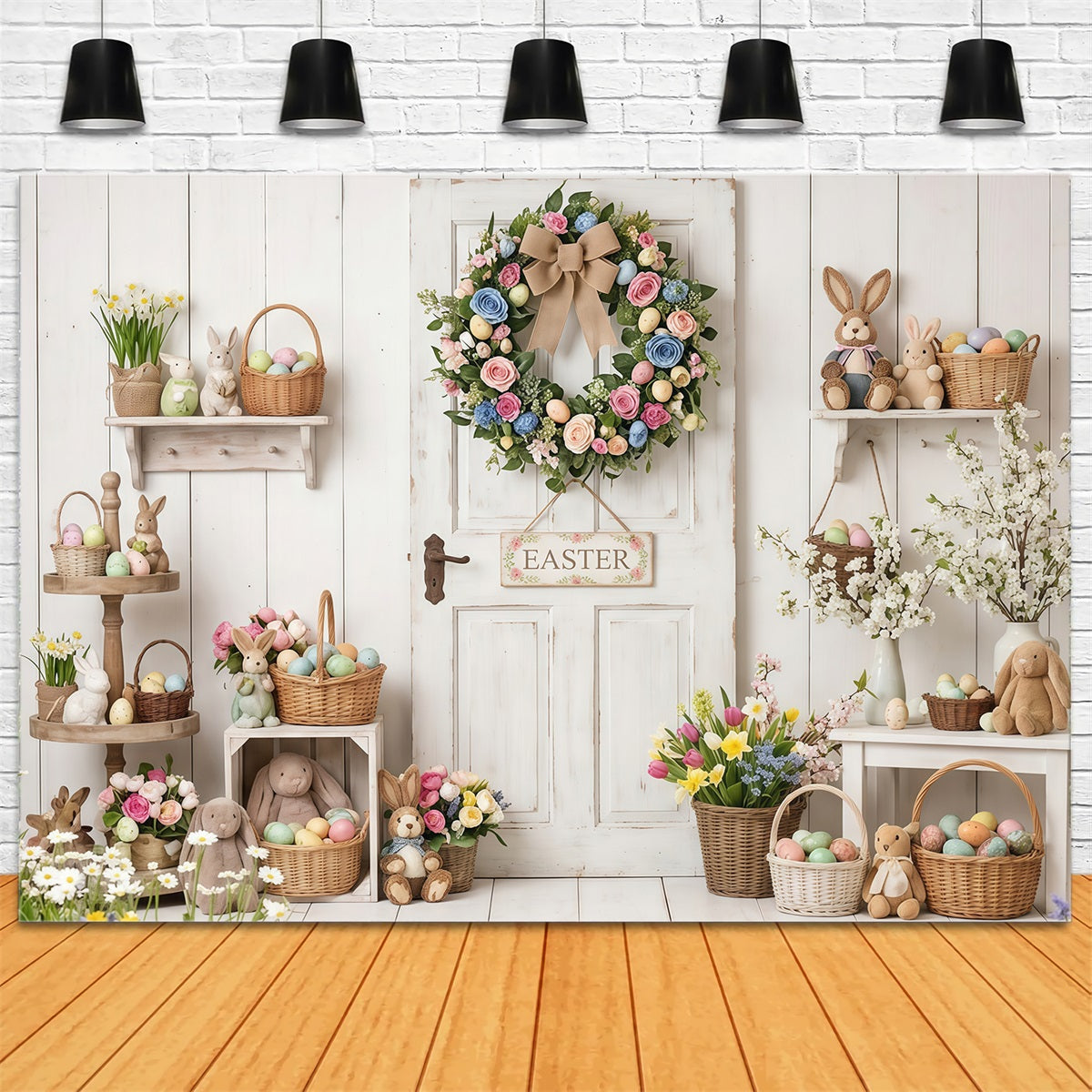 Osterhintergrund im rustikalen Stil mit rustikaler Tür, Kranz und Eierkörben Osterhintergrund für Fotos CSH63-6