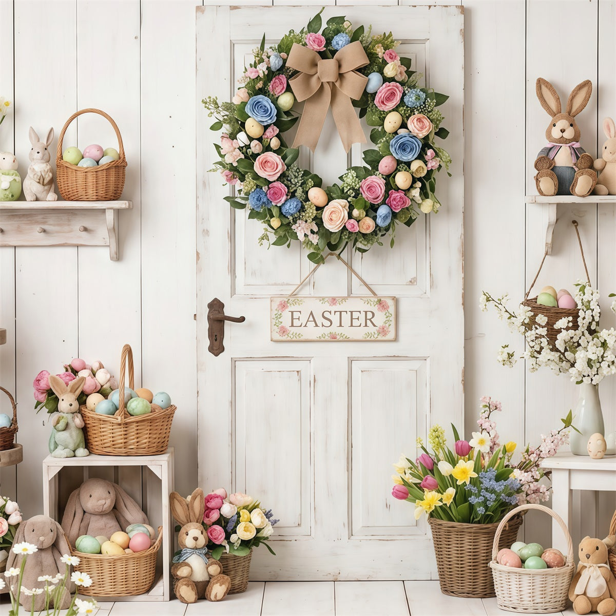 Osterhintergrund im rustikalen Stil mit rustikaler Tür, Kranz und Eierkörben Osterhintergrund für Fotos CSH63-6