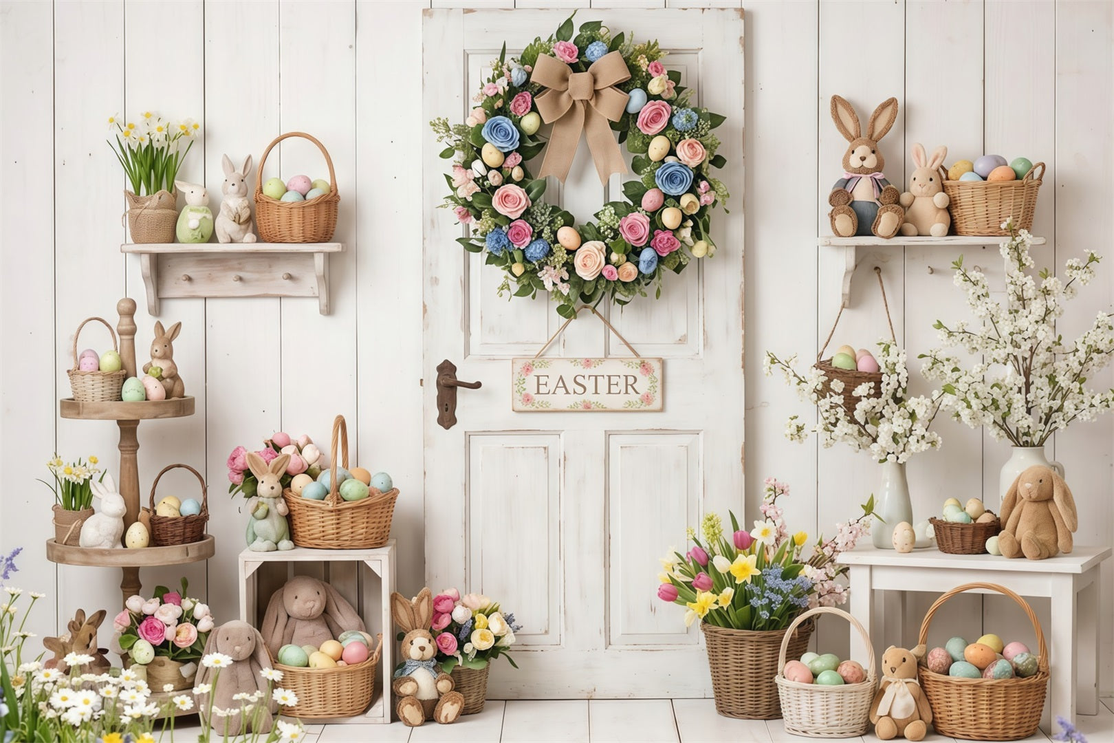 Osterhintergrund im rustikalen Stil mit rustikaler Tür, Kranz und Eierkörben Osterhintergrund für Fotos CSH63-6