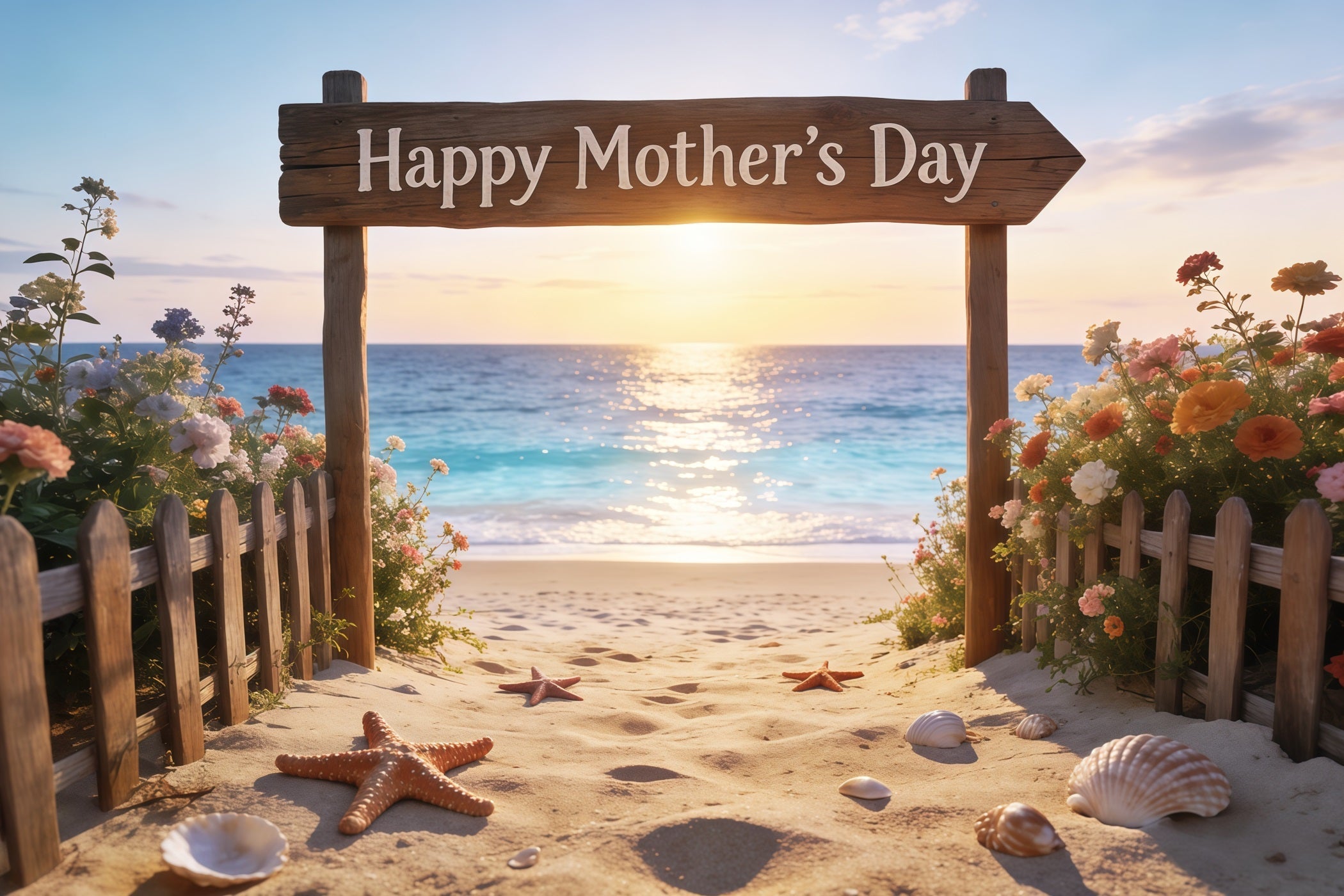 Muttertags-Schriftzug-Hintergrund, Sonnenuntergangsstrand-Schild, Blumen-Fotohintergrund zum Muttertag CSH63-66