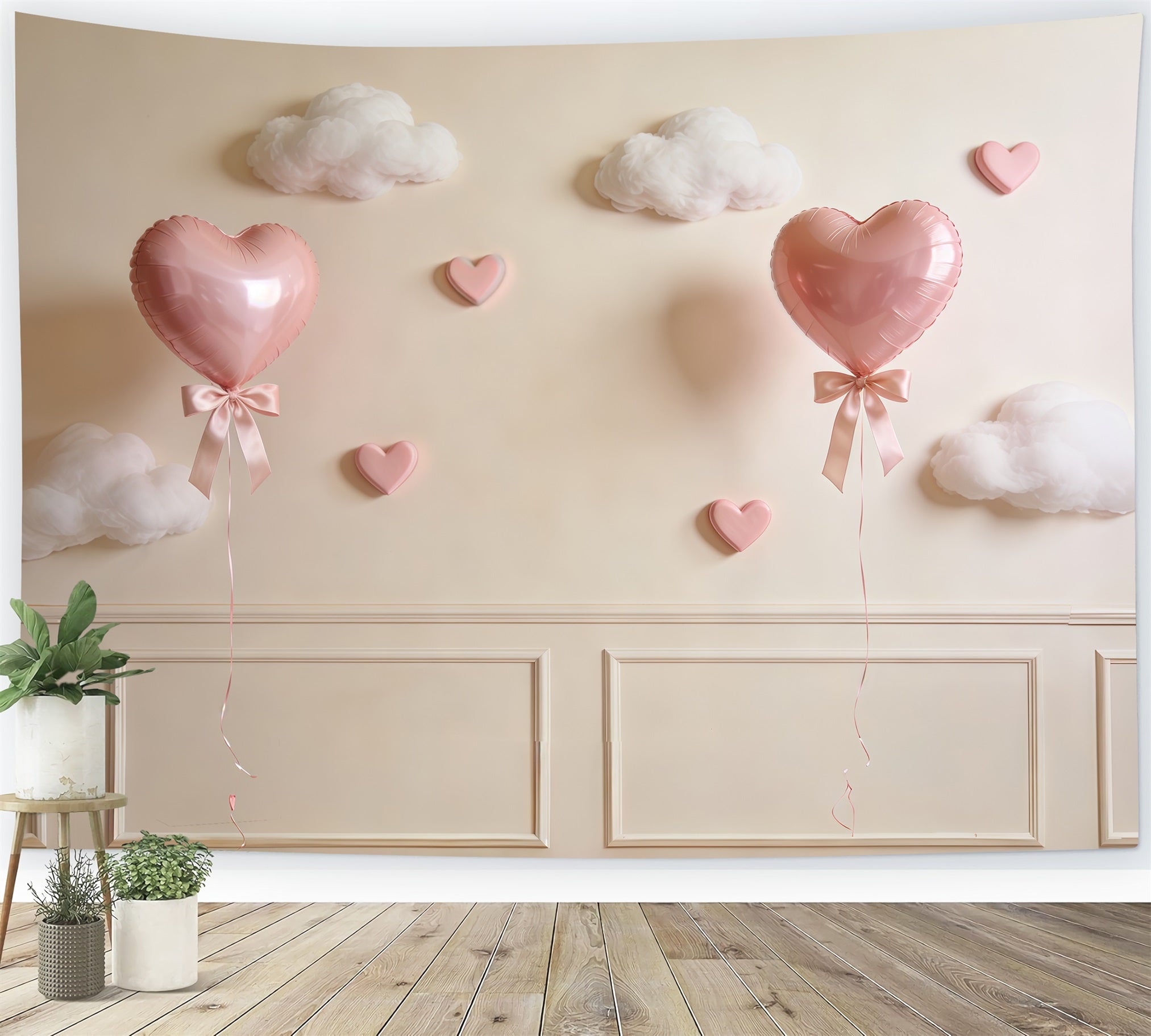 Muttertags-Hintergrund mit Schleife, rosa Herz, Ballon und Wolkenwand CSH63-74