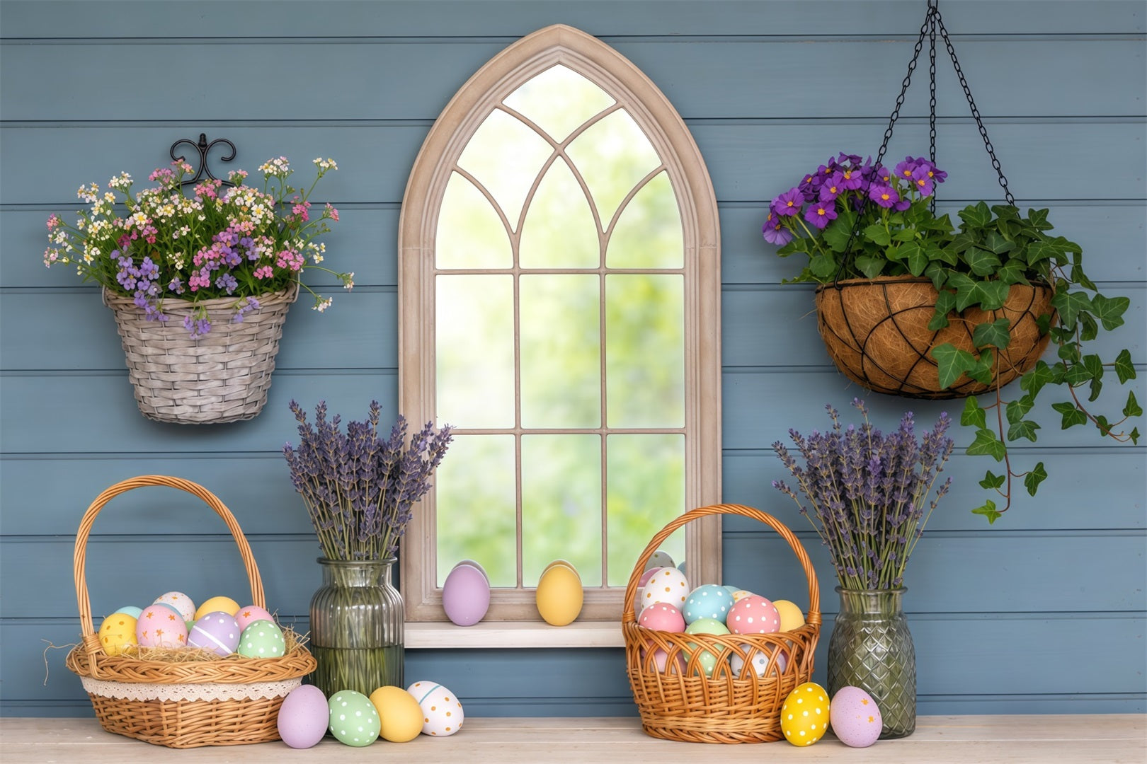 Oster-Fenster Frühlingslicht-Hintergrund Korb Eier Lavendel Oster-Fotografie-Hintergründe CSH63-8