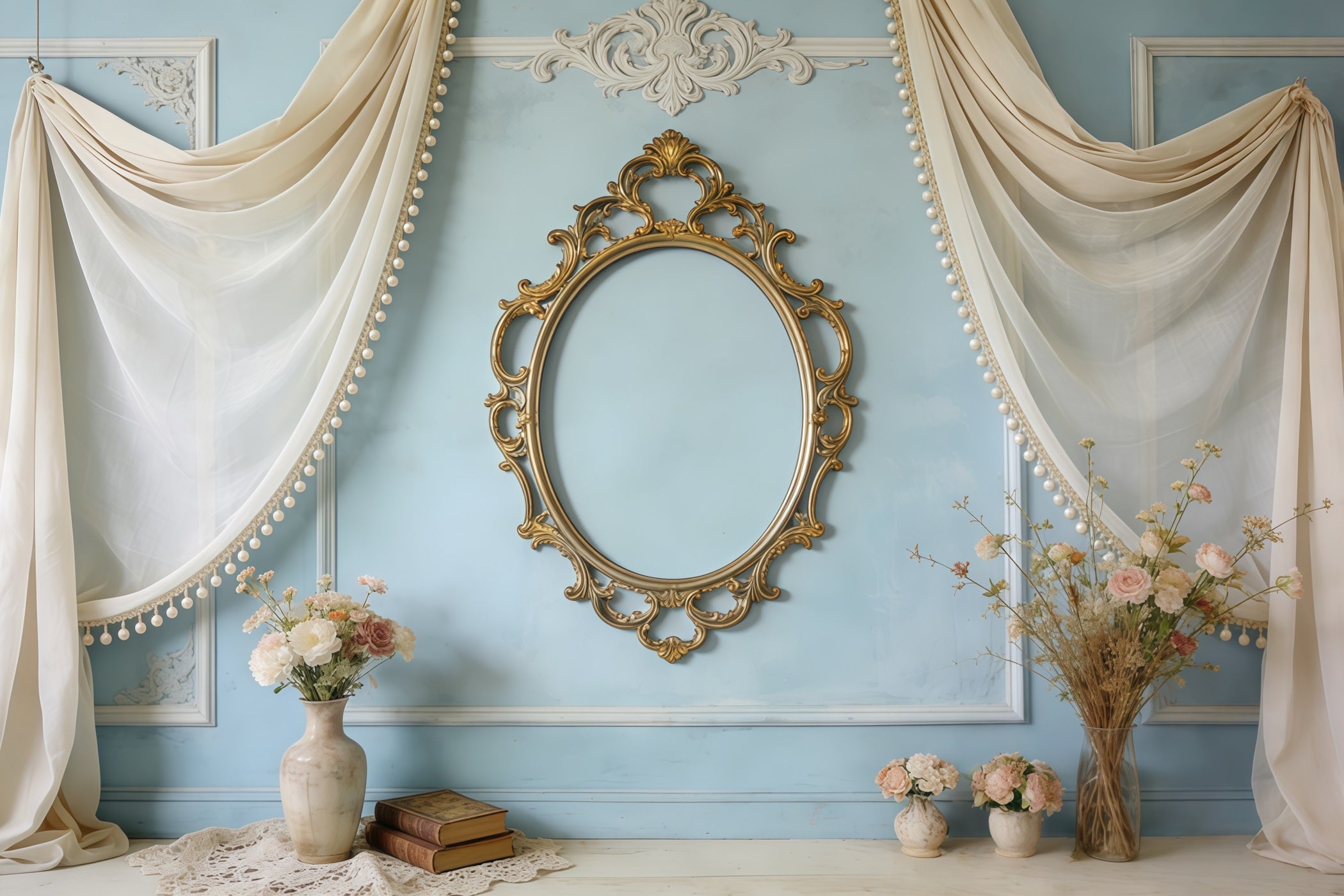 Fotohintergrund zum Muttertag, Vintage-Blau, Spiegel, Blumenvorhänge, Muttertags-Fotohintergrund CSH63-80