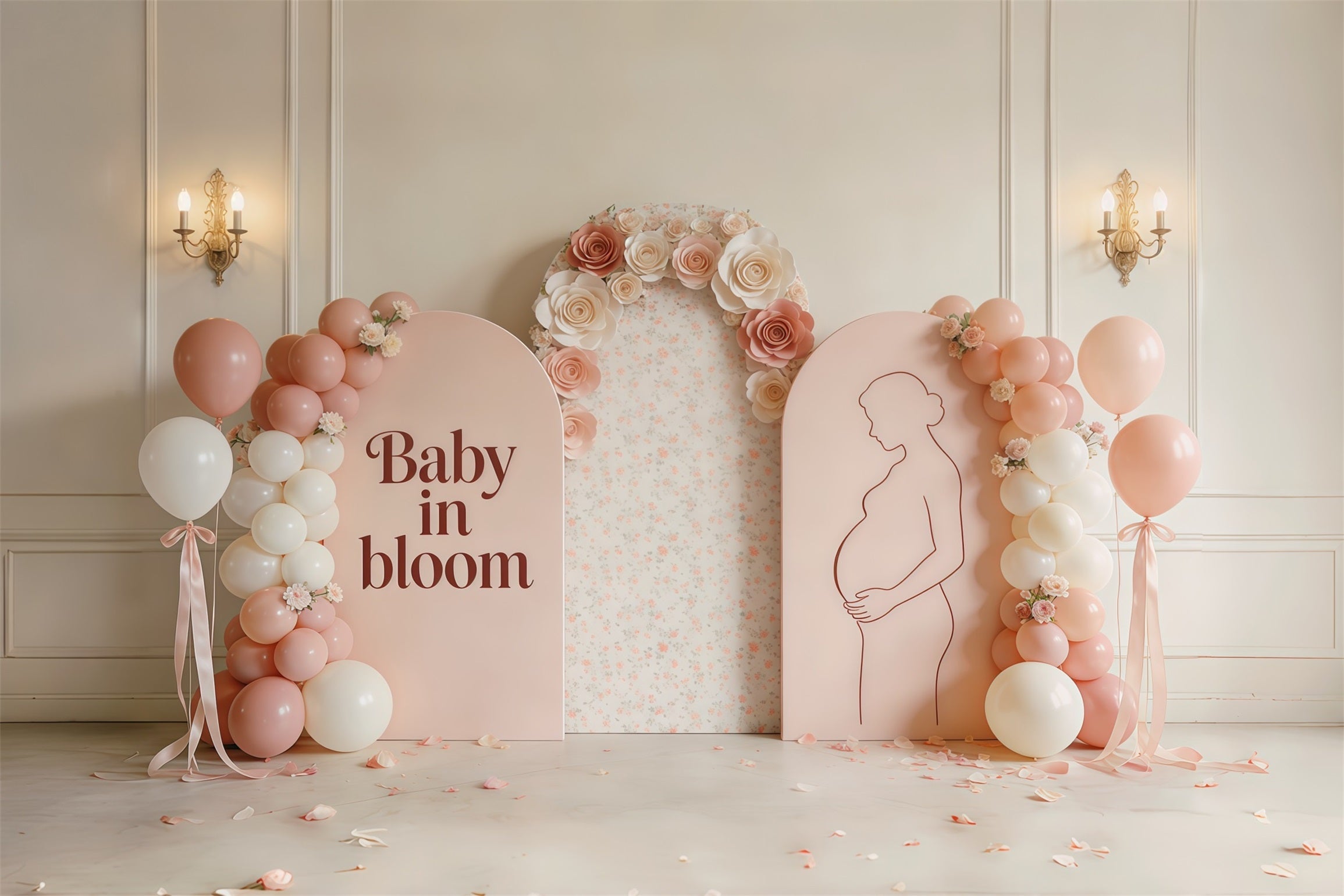 Mutter-Tochter-Silhouette, Muttertags-Hintergrund, rosafarbener Blumenballonbogen, Muttertags-Hintergrund CSH63-82