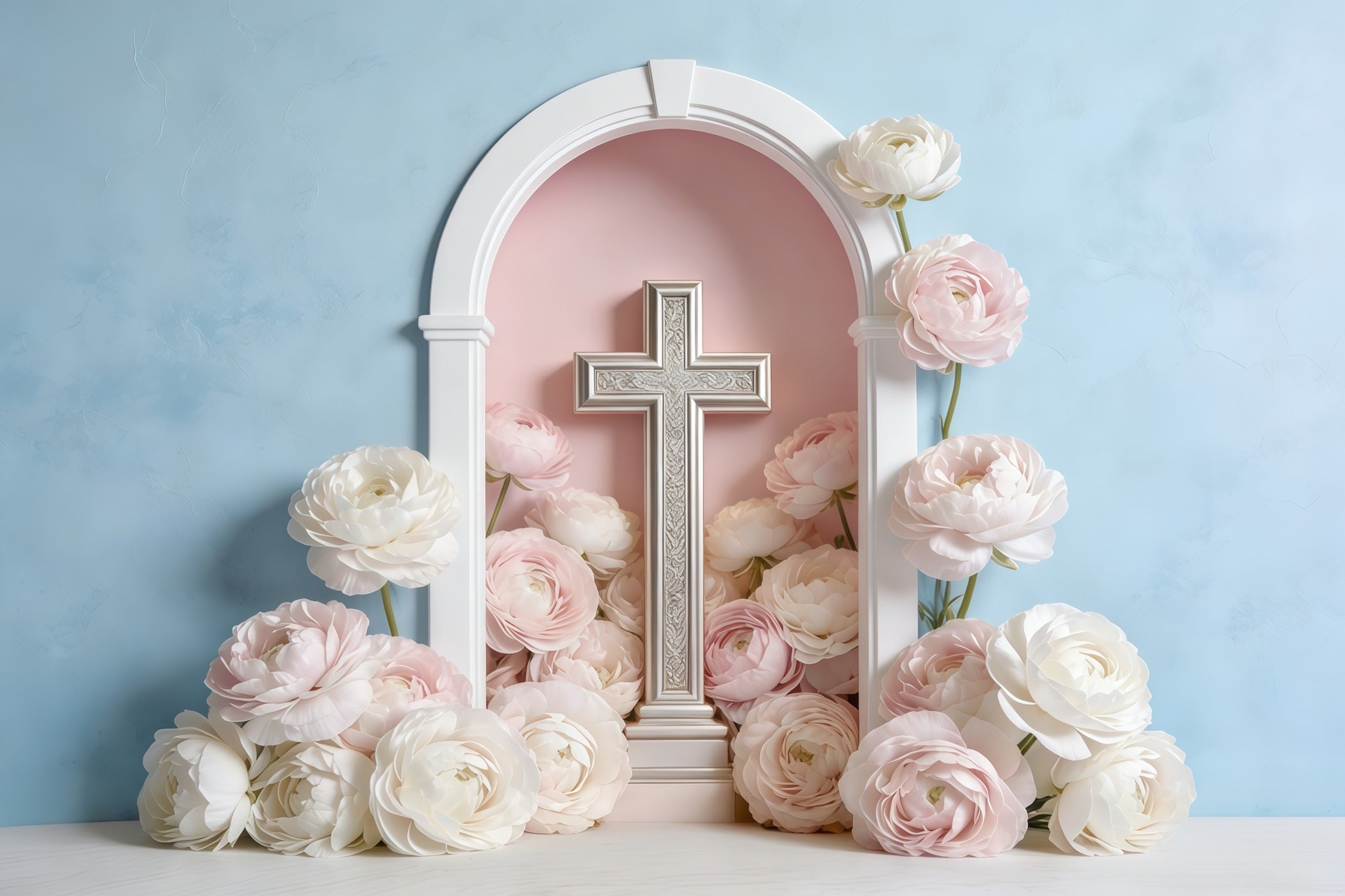 Hintergrundkulisse zum Muttertag für Kirchen, pastellfarbenes Blumenkreuz-Bogen-Design, Muttertag CSH63-92