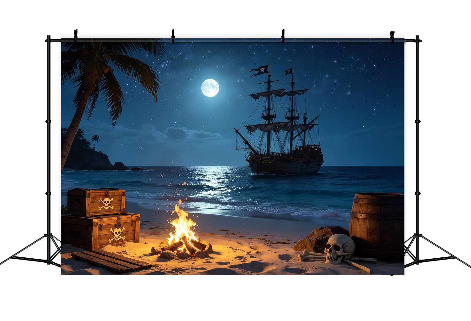Karibische Kulisse, tropischer Piratenstrand, Lagerfeuer, Schatz, Sommerkulissen CSH64-79