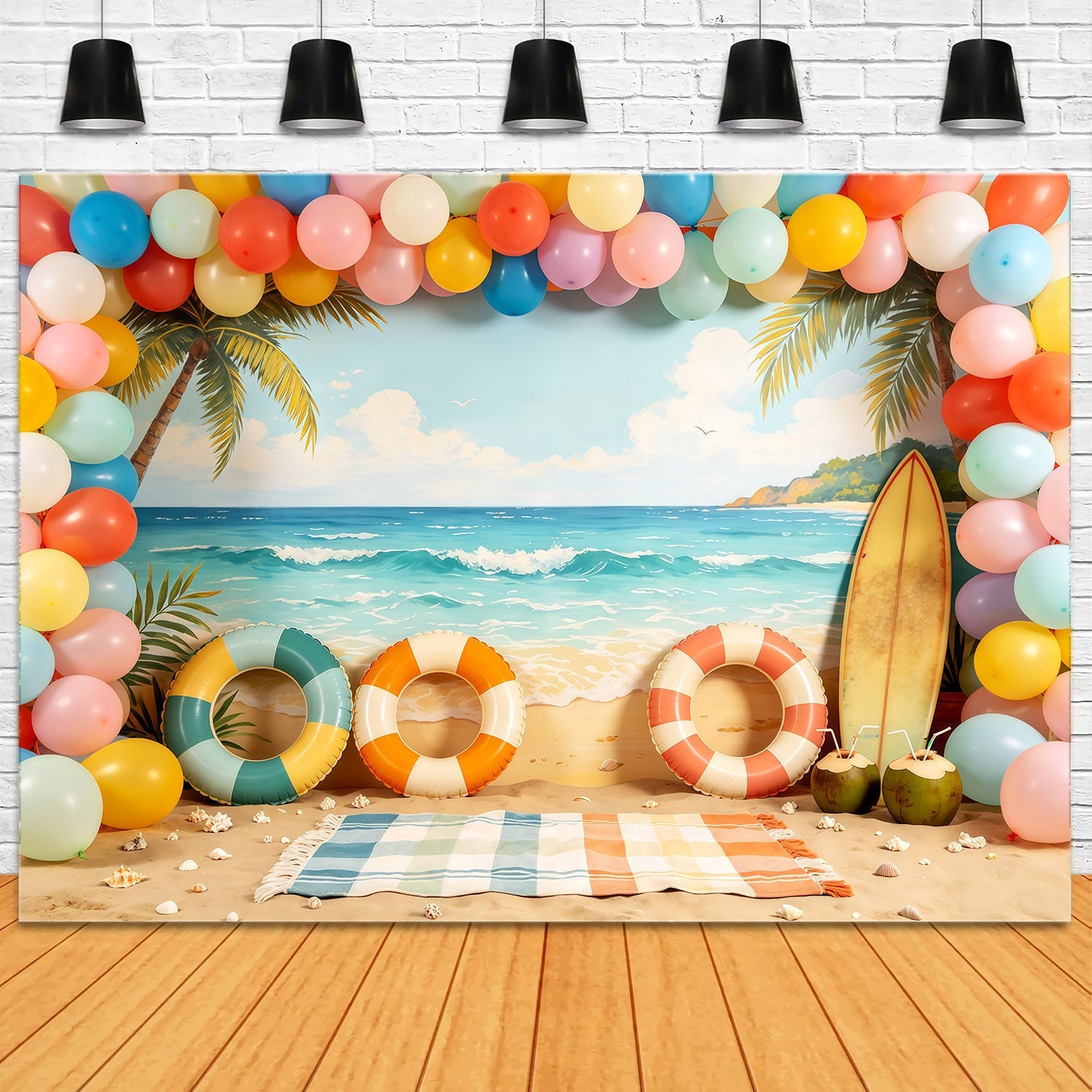 Strandkulisse, pastellfarbener Ballonbogen, Surfbrett, Sommerkulissen-Ideen CSH64-84