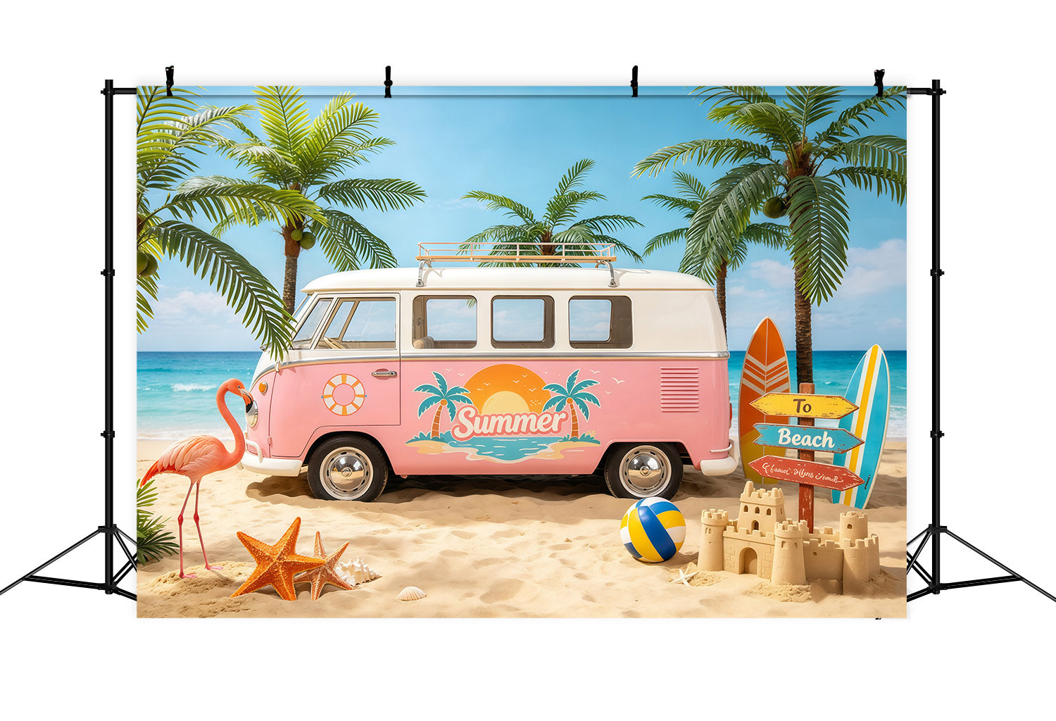 Strandkulisse, Retro-Van, Palmenparadies, Strandfotohintergrund CSH64-85