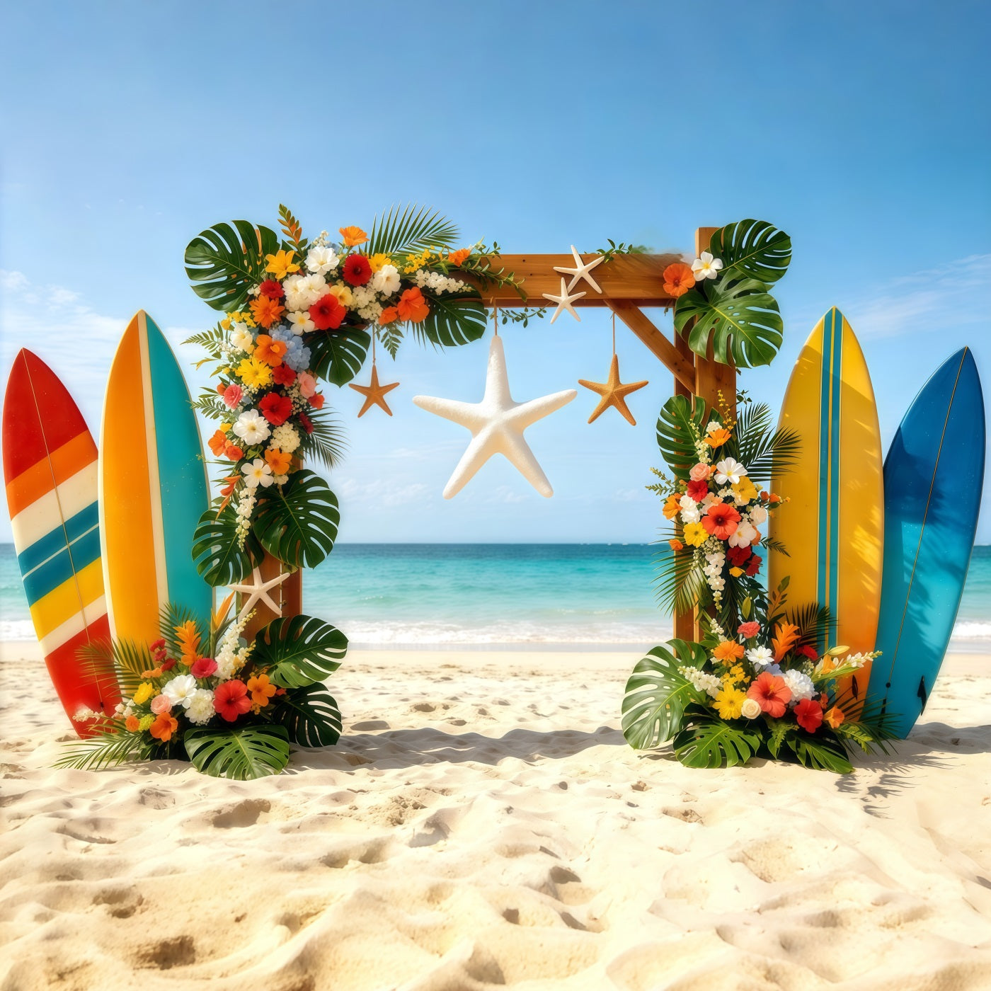 Strandkulisse mit tropischem Surfbrett, Blumen, Seesternen und Bogen–Sommerfotohintergrund CSH64-86