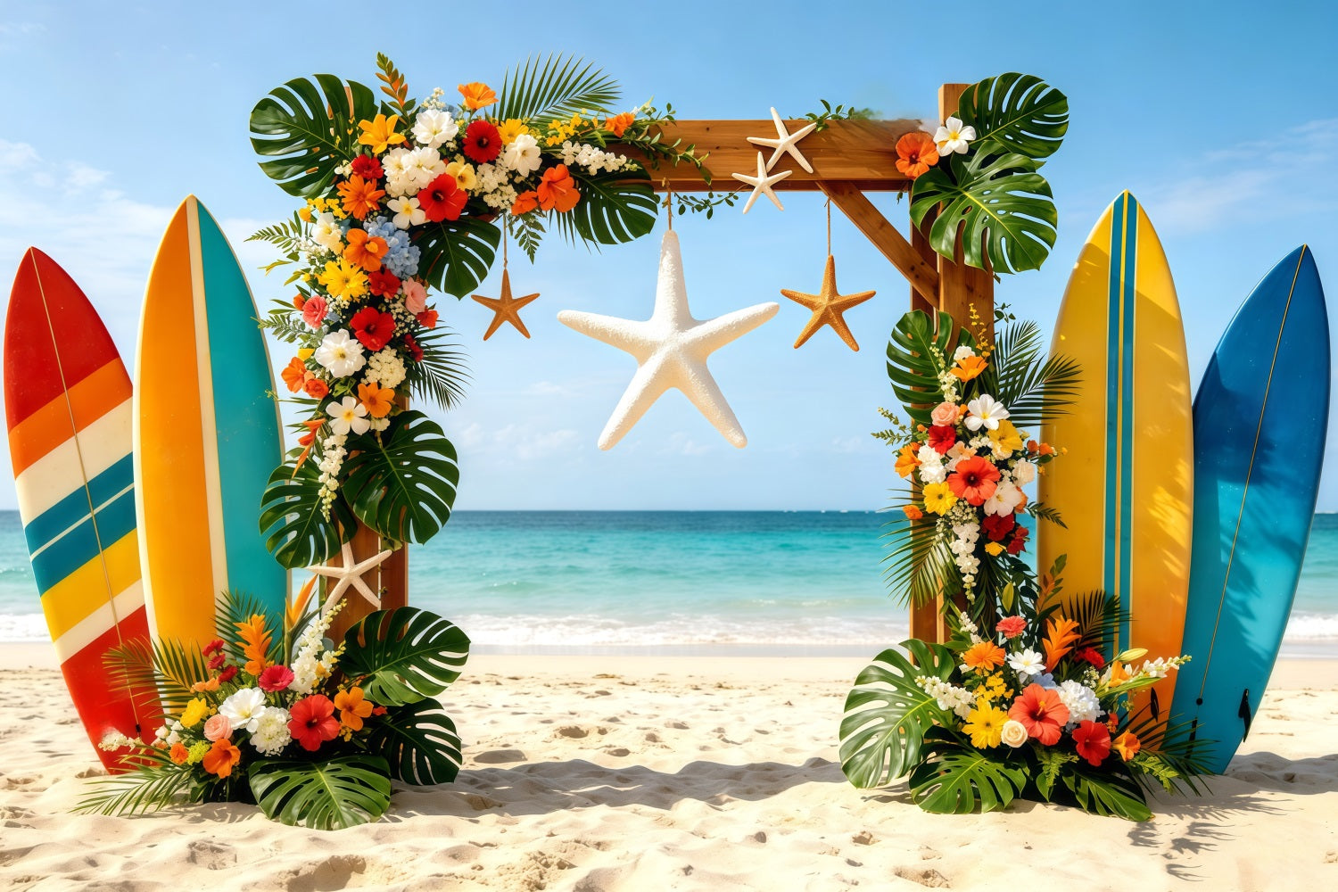 Strandkulisse mit tropischem Surfbrett, Blumen, Seesternen und Bogen–Sommerfotohintergrund CSH64-86