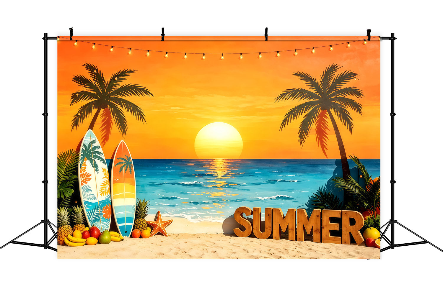 Strandkulisse Sonnenuntergang Surfbrett Tropische Früchte Strand Sommer Fotohintergrund CSH64-90